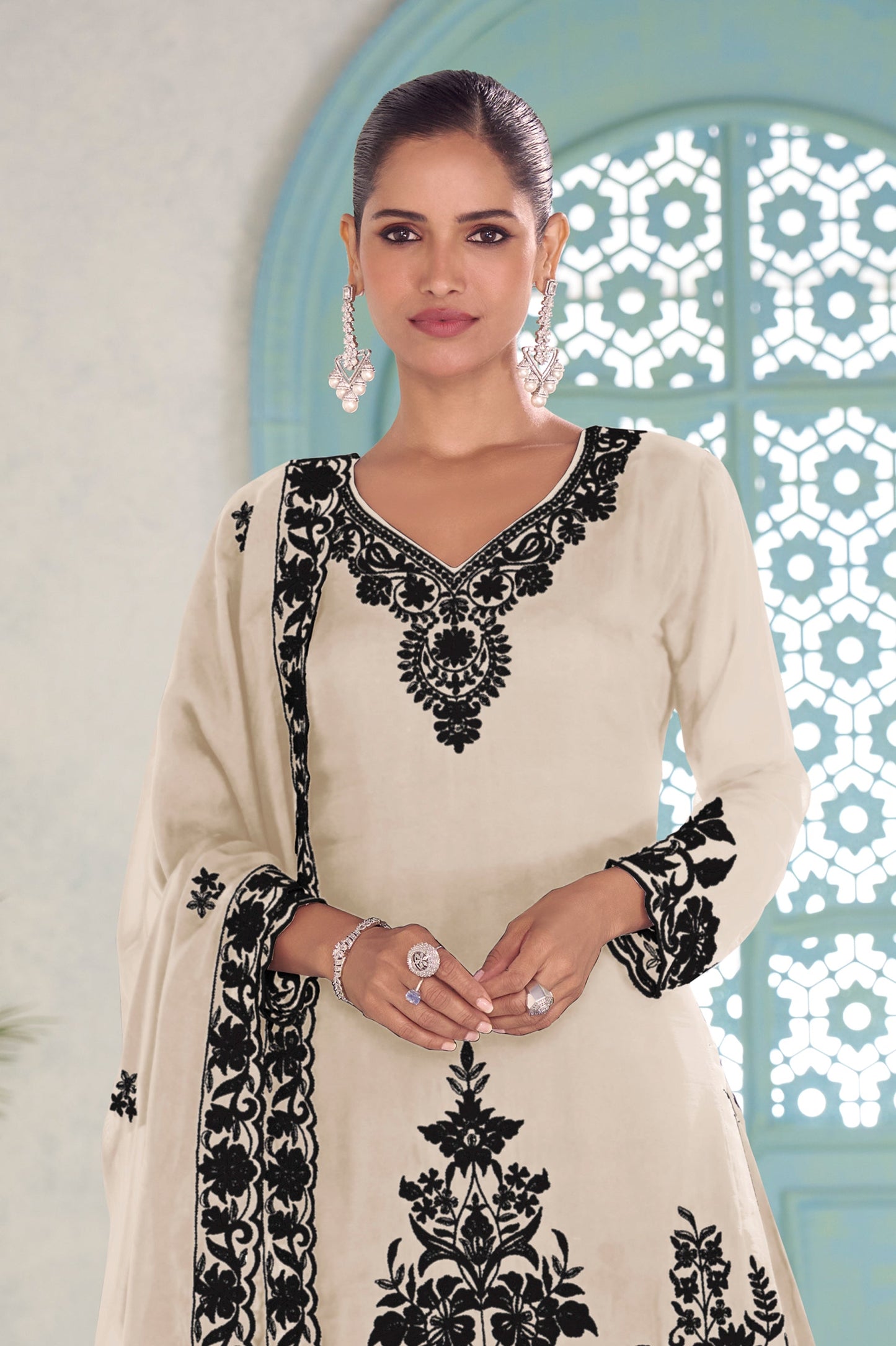 Off White Readymade Embroidered Chinon Palazzo Suit-SAR11575_4_SareeButa.com