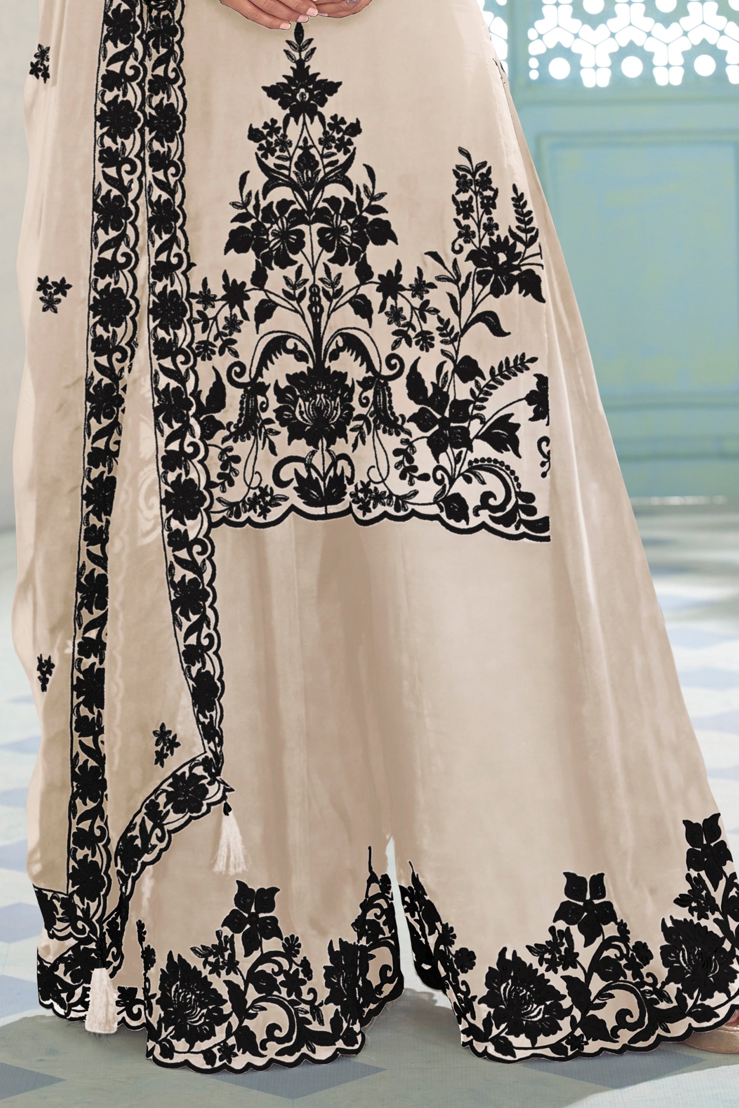 Off White Readymade Embroidered Chinon Palazzo Suit-SAR11575_5_SareeButa.com