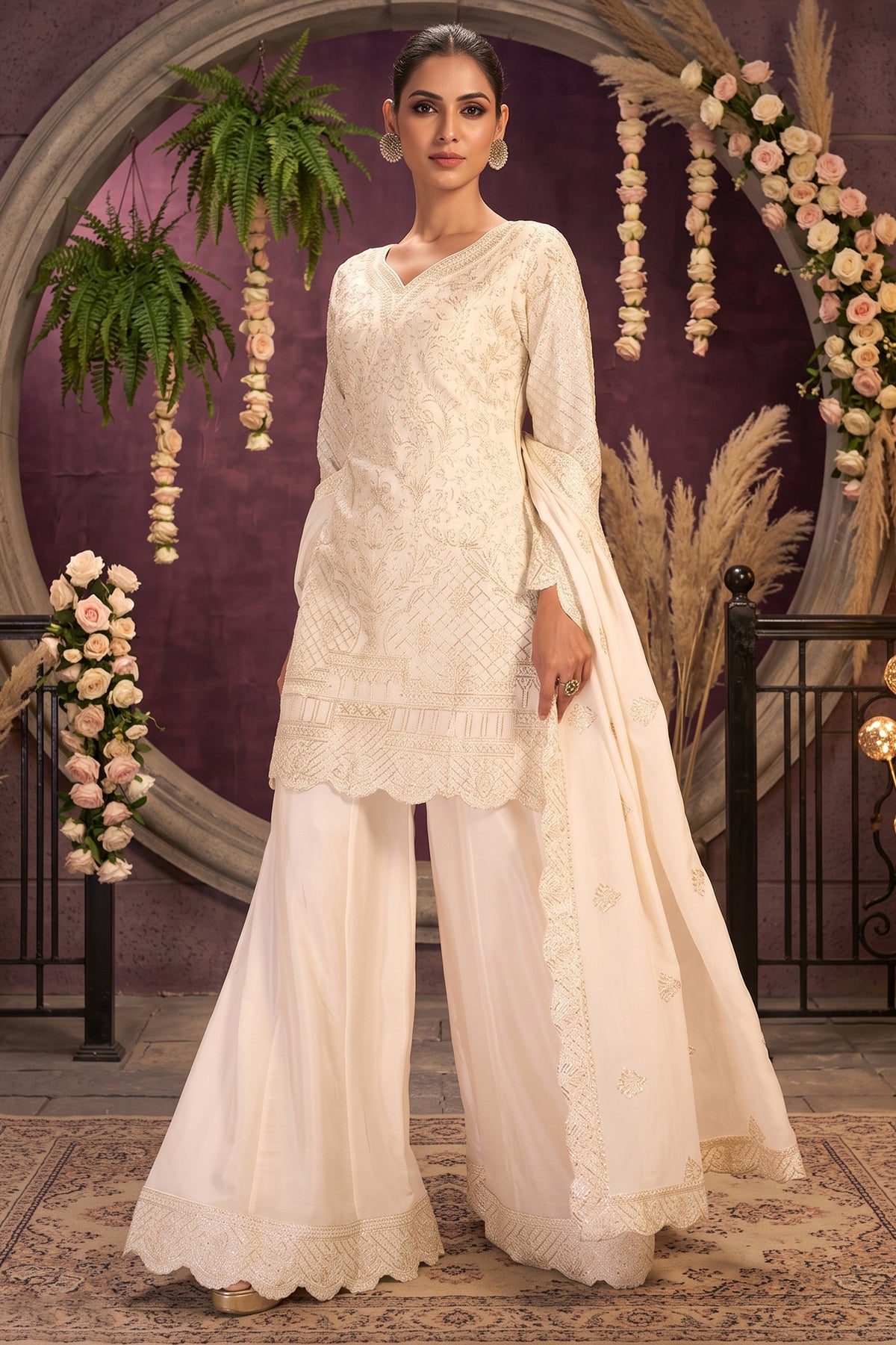Off White Readymade Embroidered Chinon Palazzo Suit-SAR13359_1_SareeButa.com