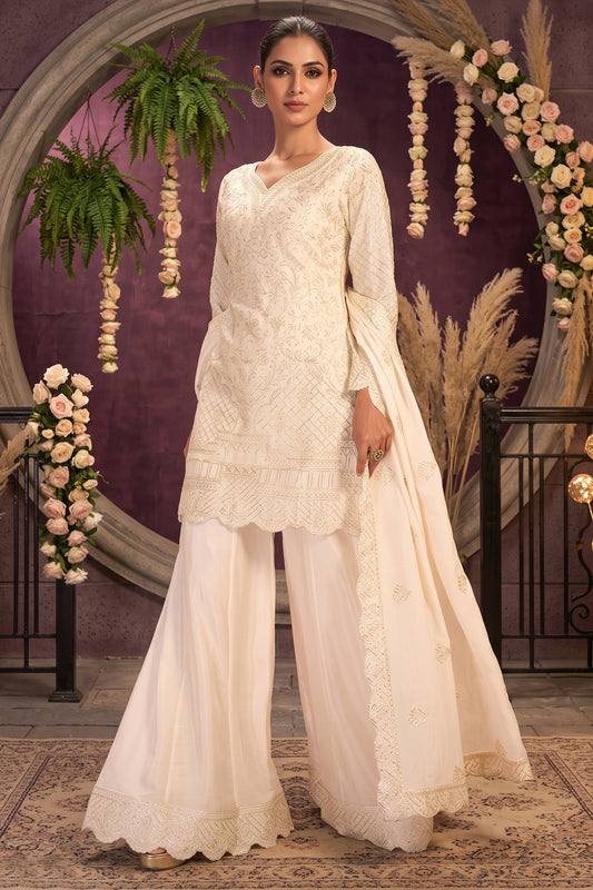 Off White Readymade Embroidered Chinon Palazzo Suit-SAR13359_1_SareeButa.com