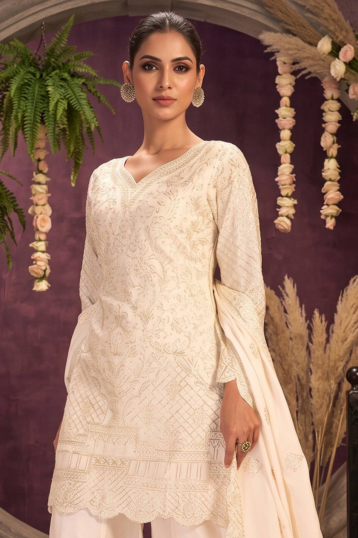 Off White Readymade Embroidered Chinon Palazzo Suit-SAR13359_2_SareeButa.com