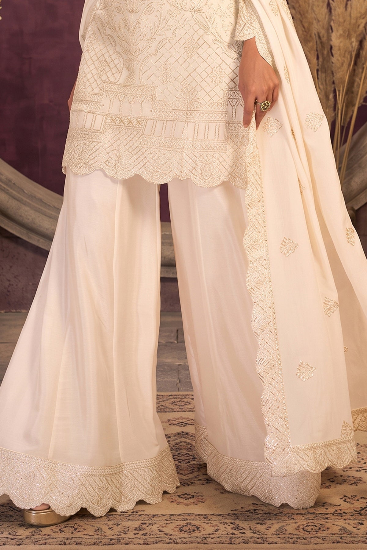 Off White Readymade Embroidered Chinon Palazzo Suit-SAR13359_6_SareeButa.com