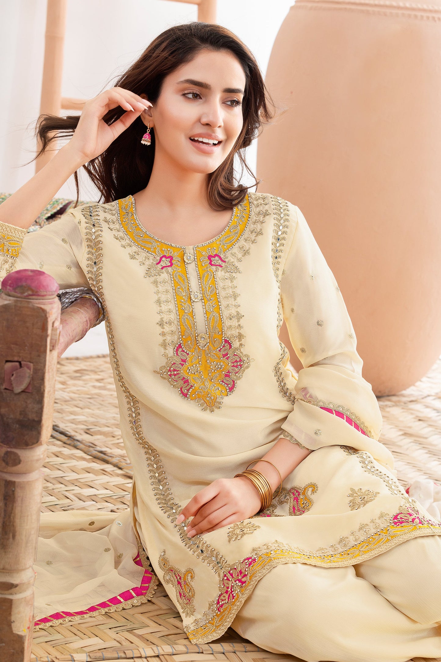 Off White Readymade Embroidered Chinon Suit-SAR11529_2_SareeButa.com