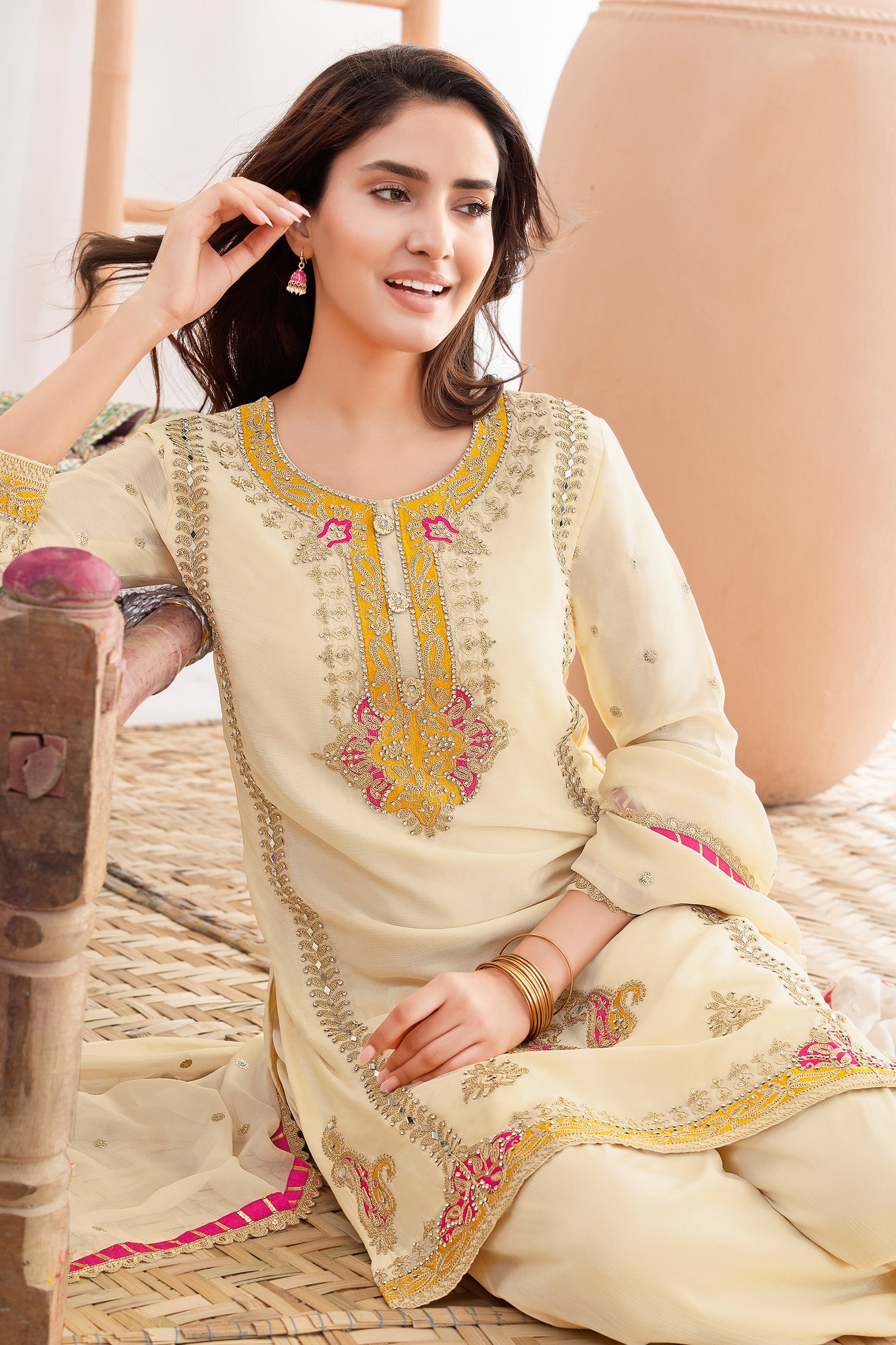 Off White Readymade Embroidered Chinon Suit-SAR11529_2_SareeButa.com