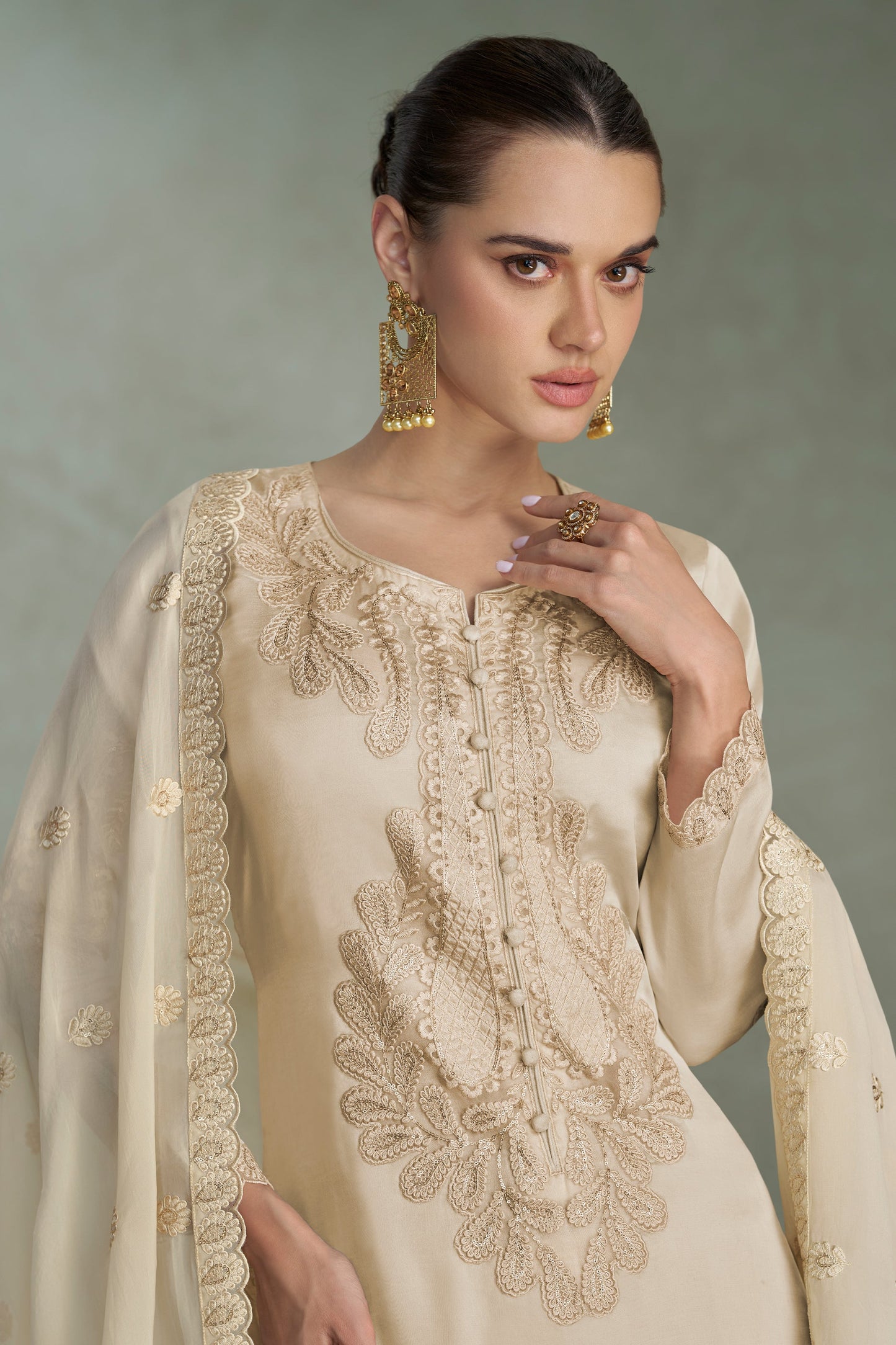 Off White Readymade Embroidered Chinon Suit-SAR11531_2_SareeButa.com
