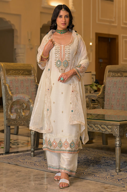 Off White Readymade Embroidered Crush Satin Suit-SAR13228_1_SareeButa.com