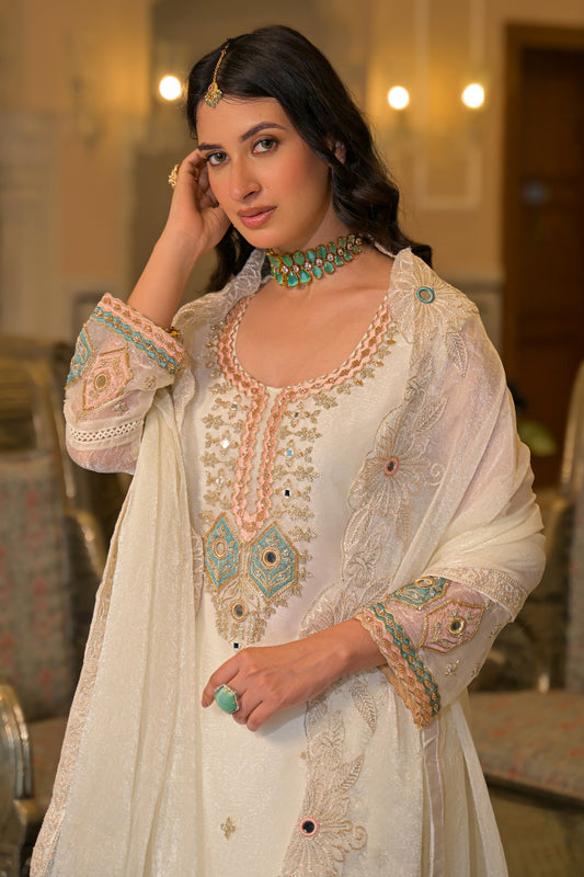 Off White Readymade Embroidered Crush Satin Suit-SAR13228_2_SareeButa.com