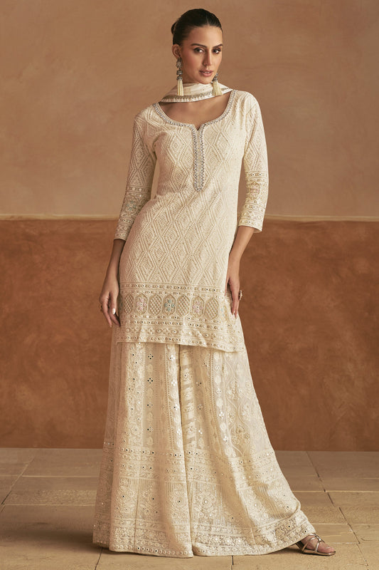 Off White Readymade Embroidered Georgette Palazzo Suit-SAR11568_1_SareeButa.com