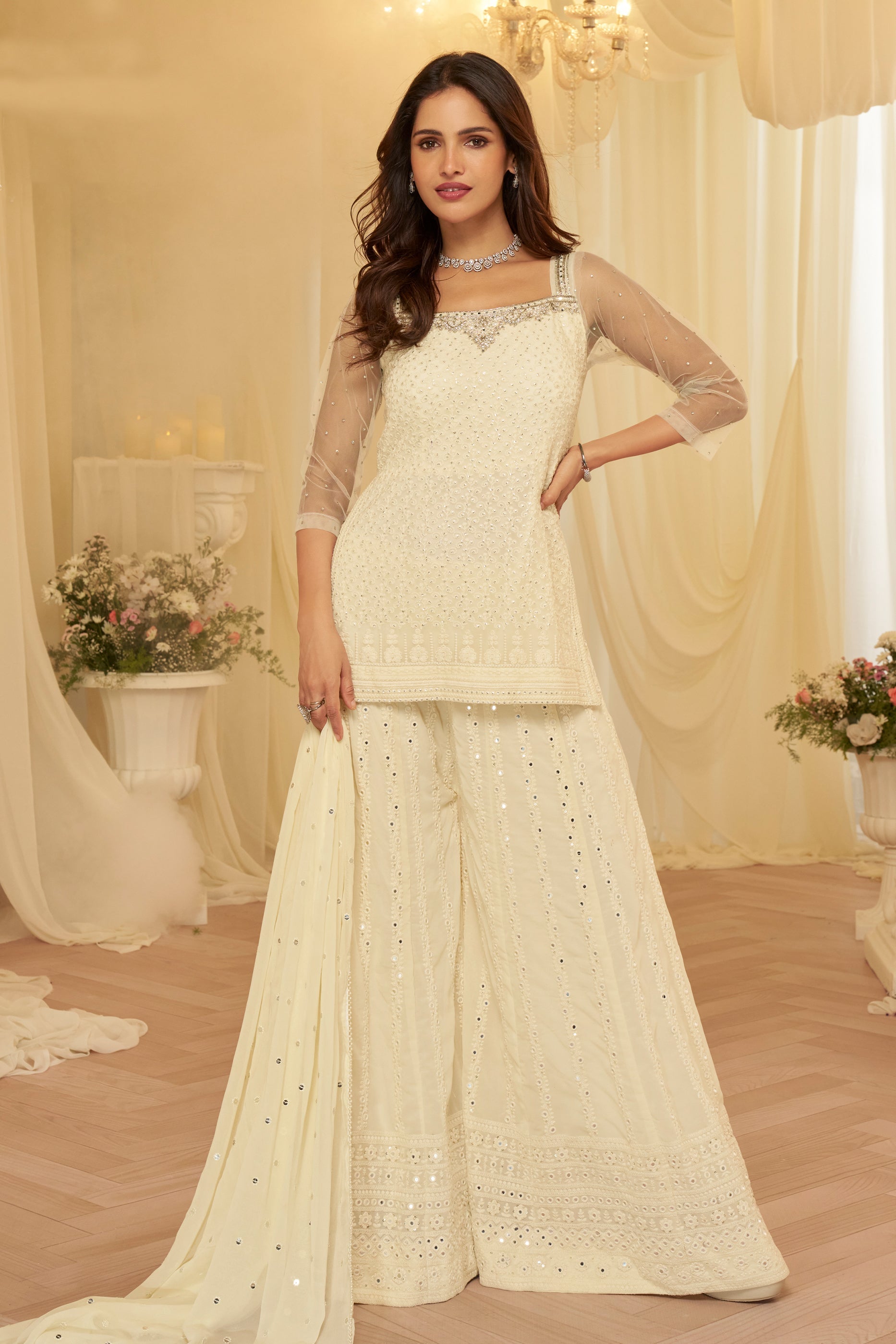 Off White Readymade Embroidered Georgette Sharara Suit-SAR11720_1_SareeButa.com