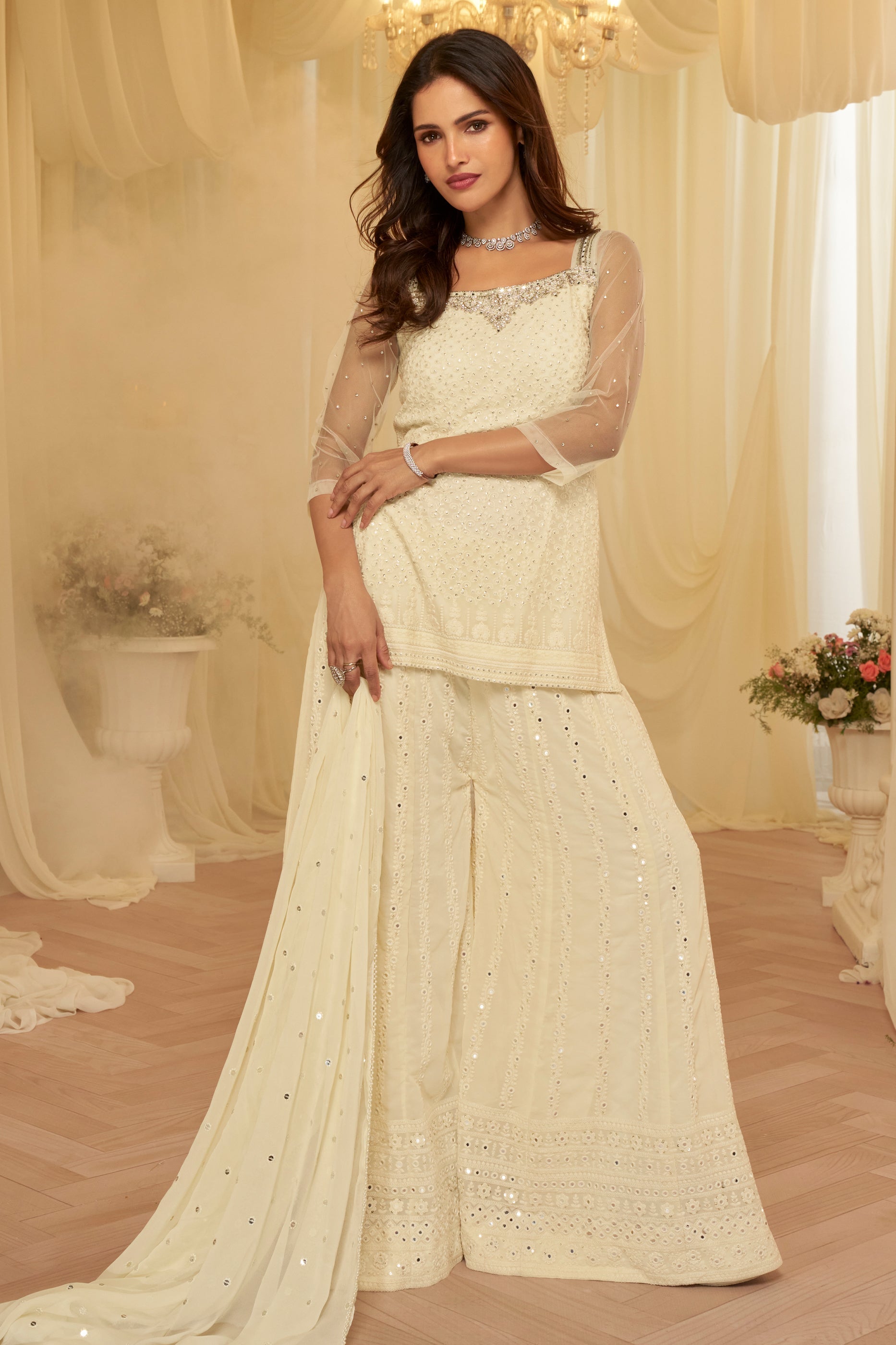 Off White Readymade Embroidered Georgette Sharara Suit-SAR11720_4_SareeButa.com