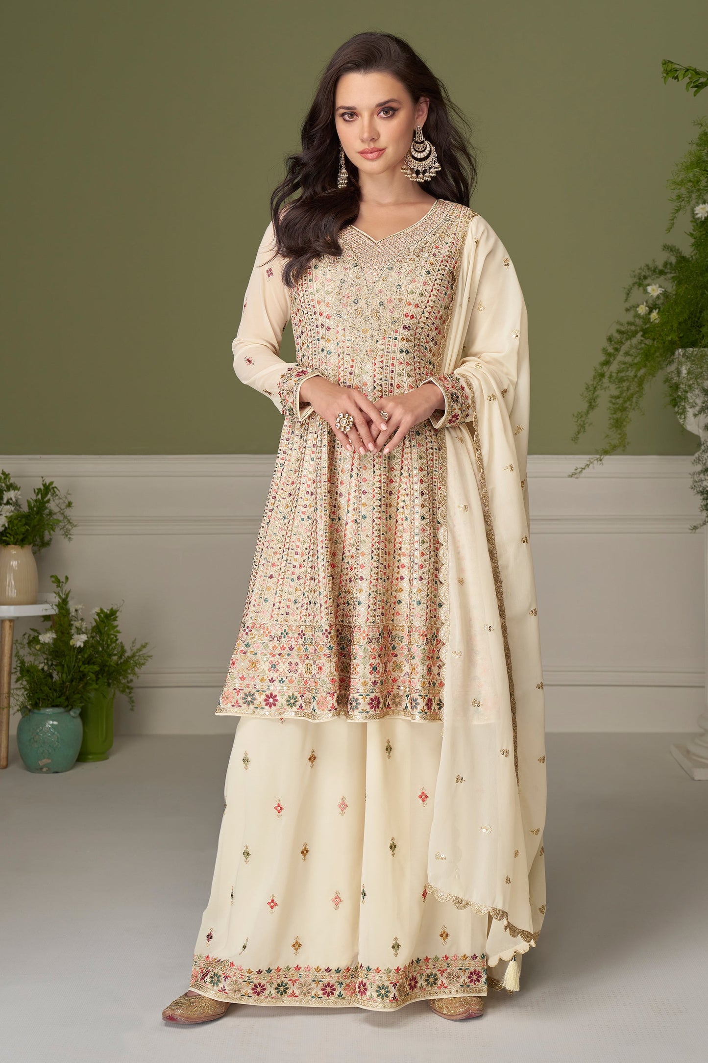 Off White Readymade Embroidered Georgette Suit-SAR11548_1_SareeButa.com
