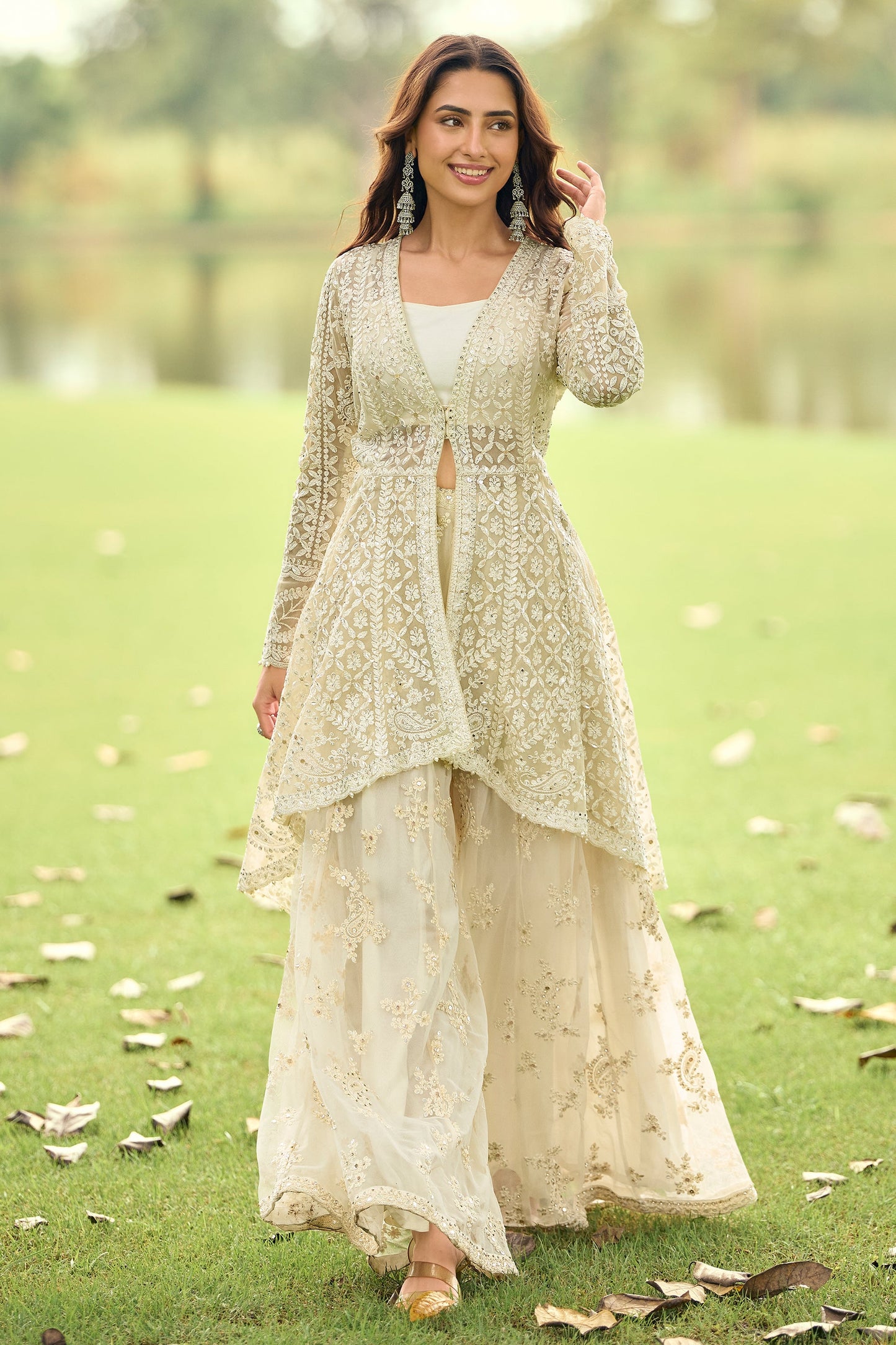 Off White Readymade Embroidered Net Suit-SAR11662_1_SareeButa.com