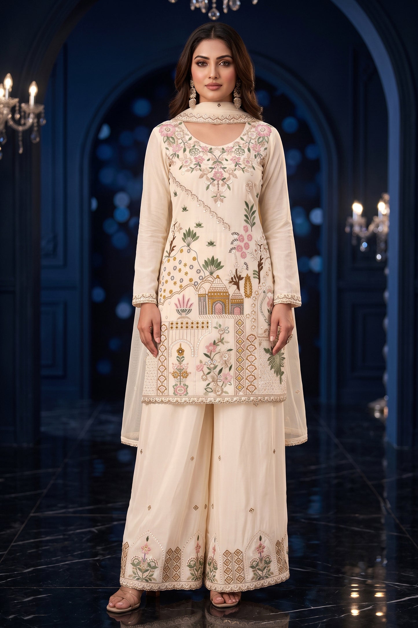 Off White Readymade Embroidered Palazzo Suit-SAR13137_1_SareeButa.com