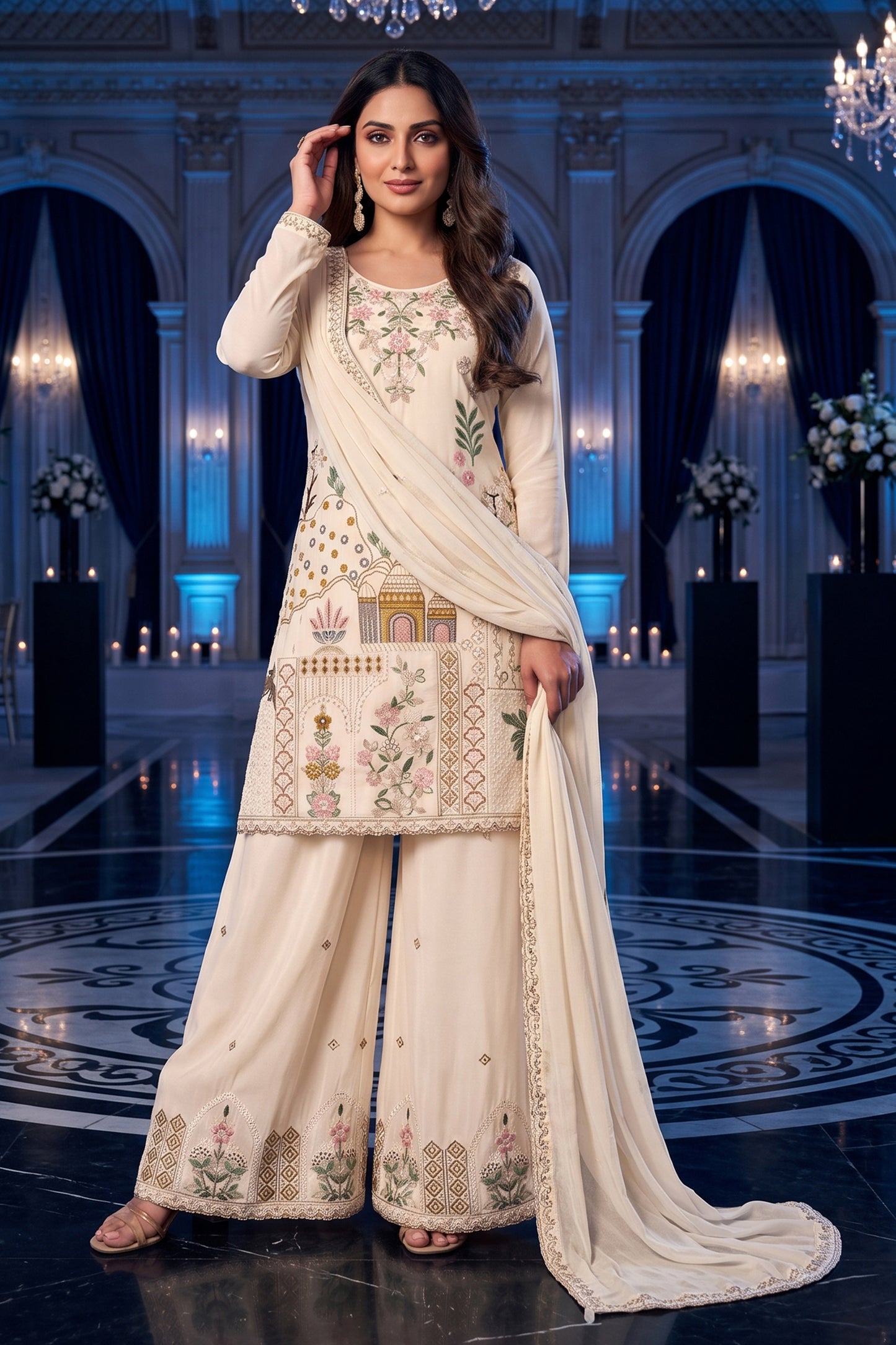 Off White Readymade Embroidered Palazzo Suit-SAR13137_5_SareeButa.com