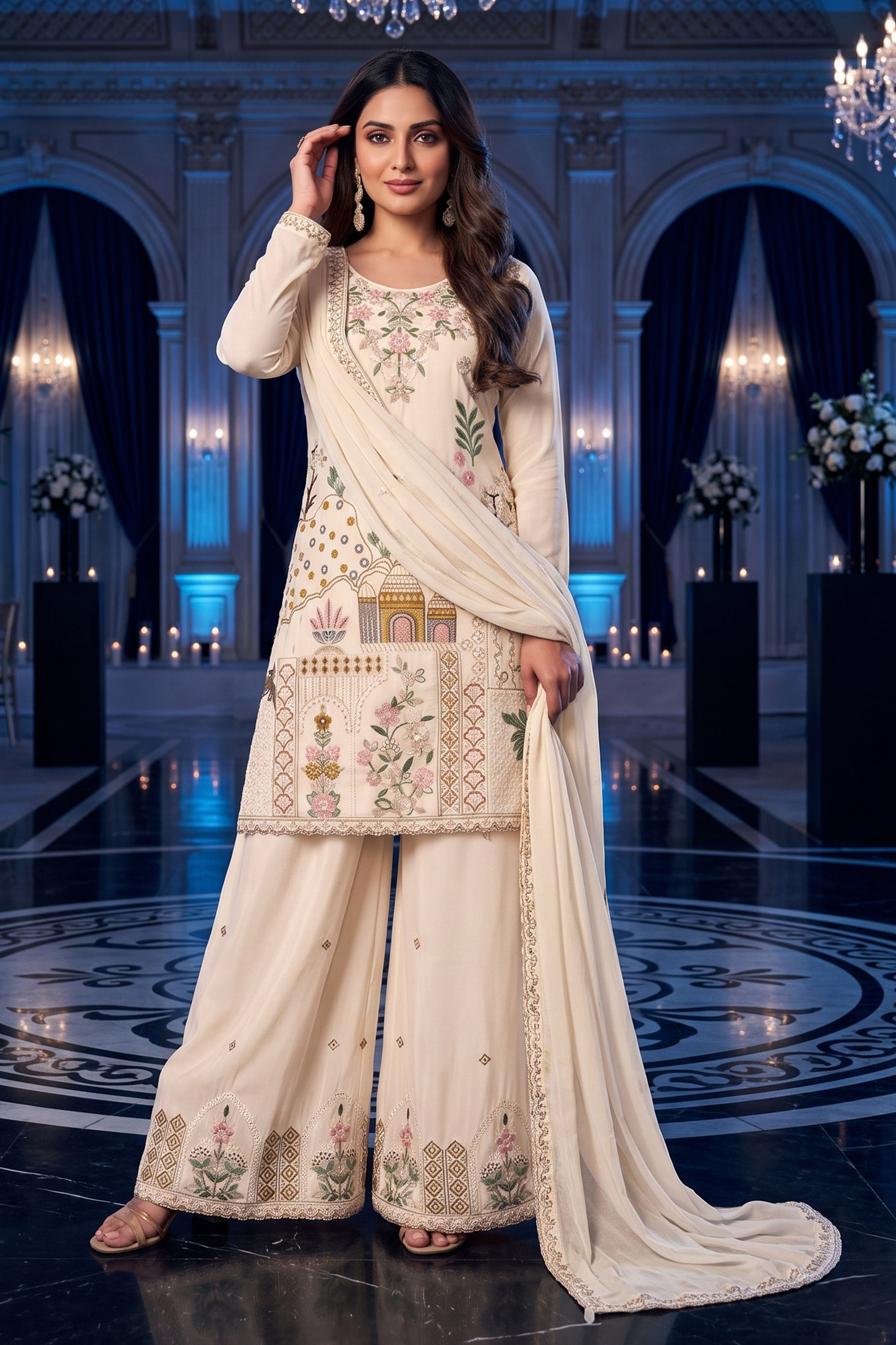 Off White Readymade Embroidered Palazzo Suit-SAR13137_5_SareeButa.com