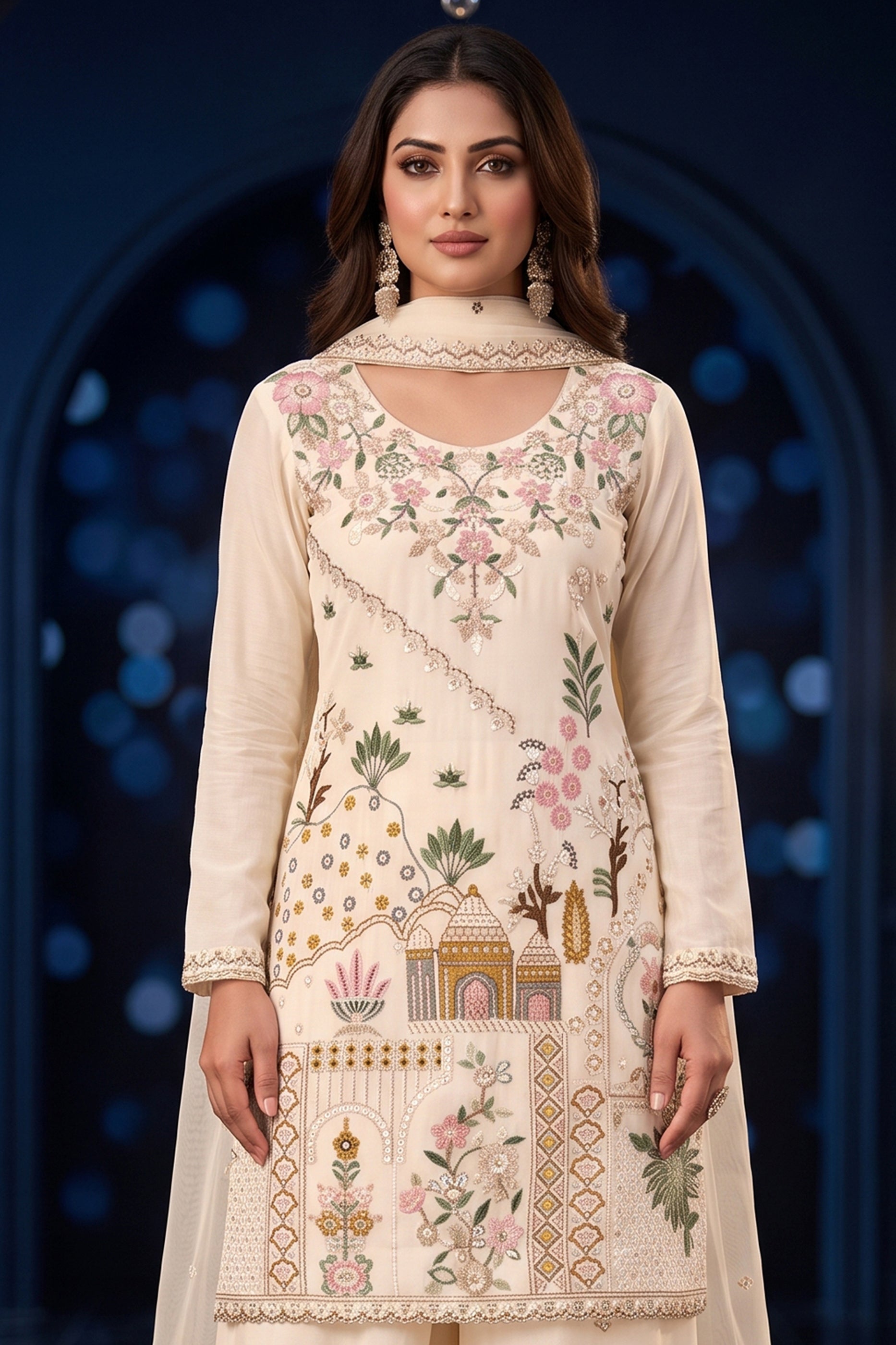 Off White Readymade Embroidered Palazzo Suit-SAR13137_6_SareeButa.com