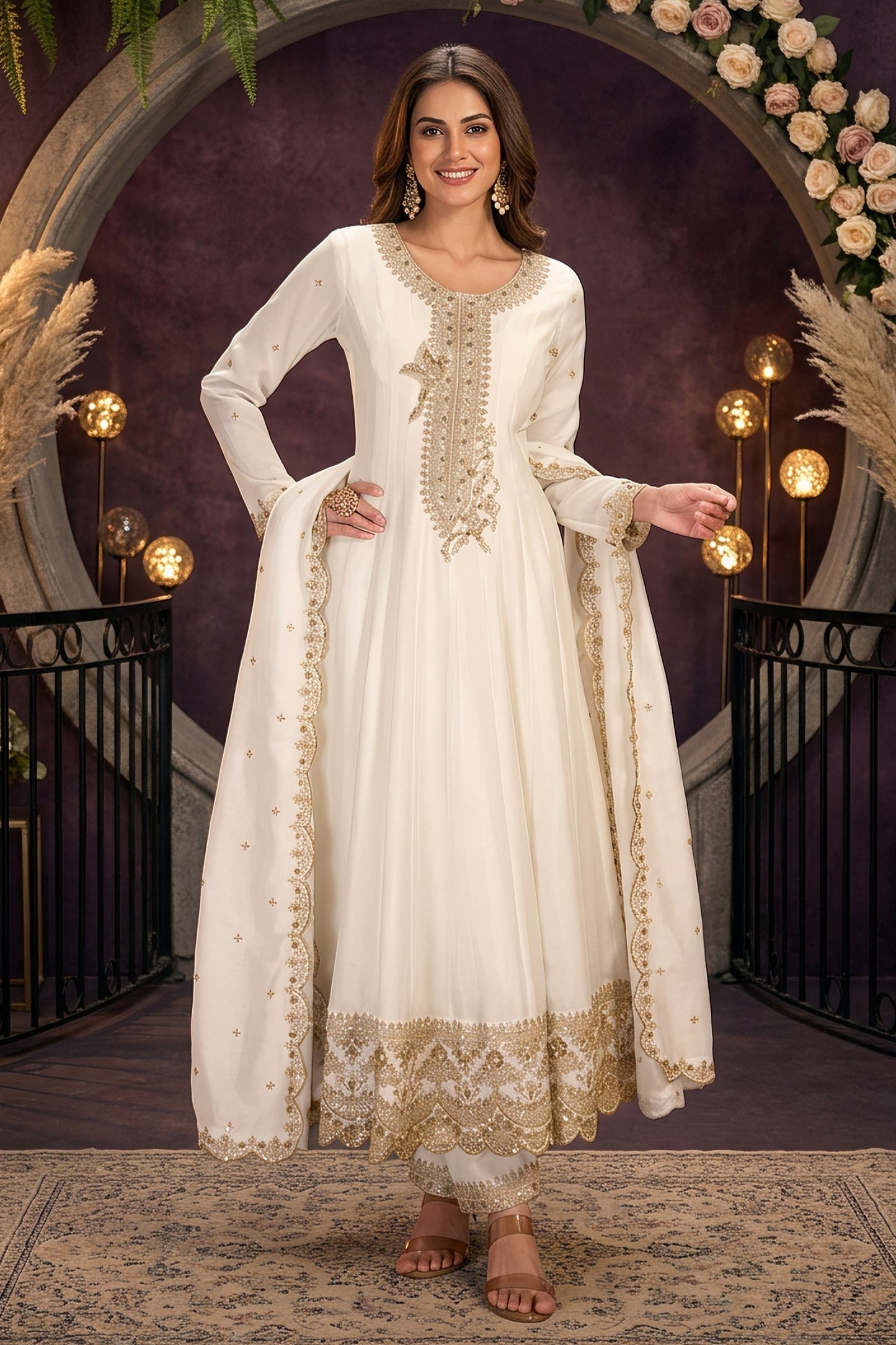 Off White Readymade Embroidered Silk Anarkali Suit-SAR13091_1_SareeButa.com