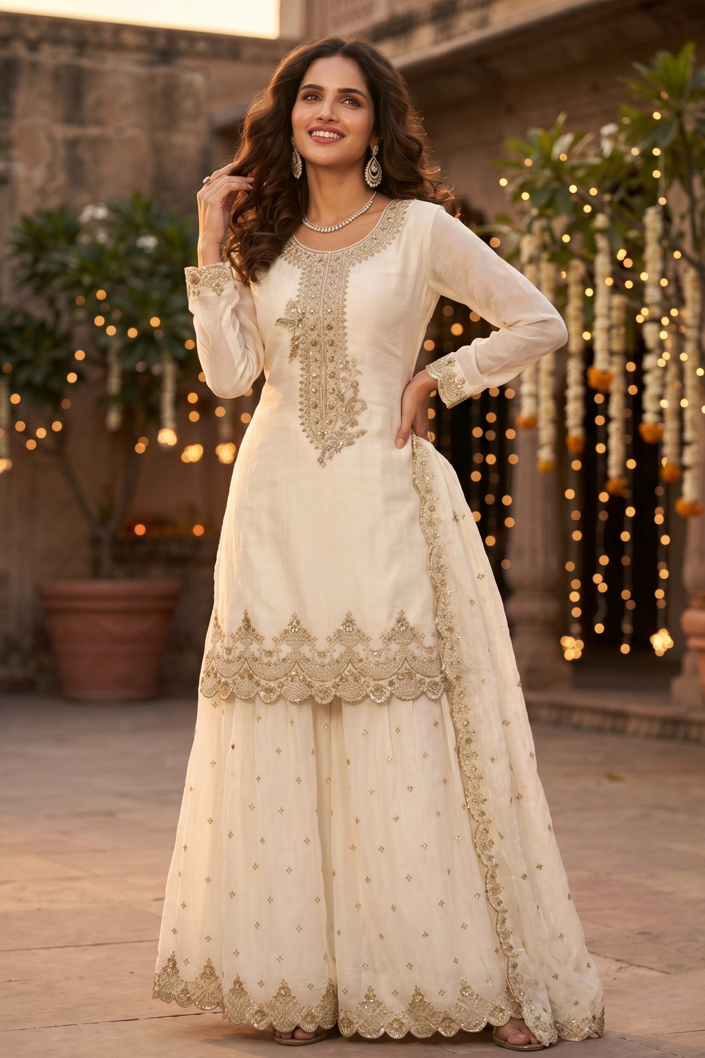 Off White Readymade Embroidered Silk Sharara Suit-SAR13002_1_SareeButa.com