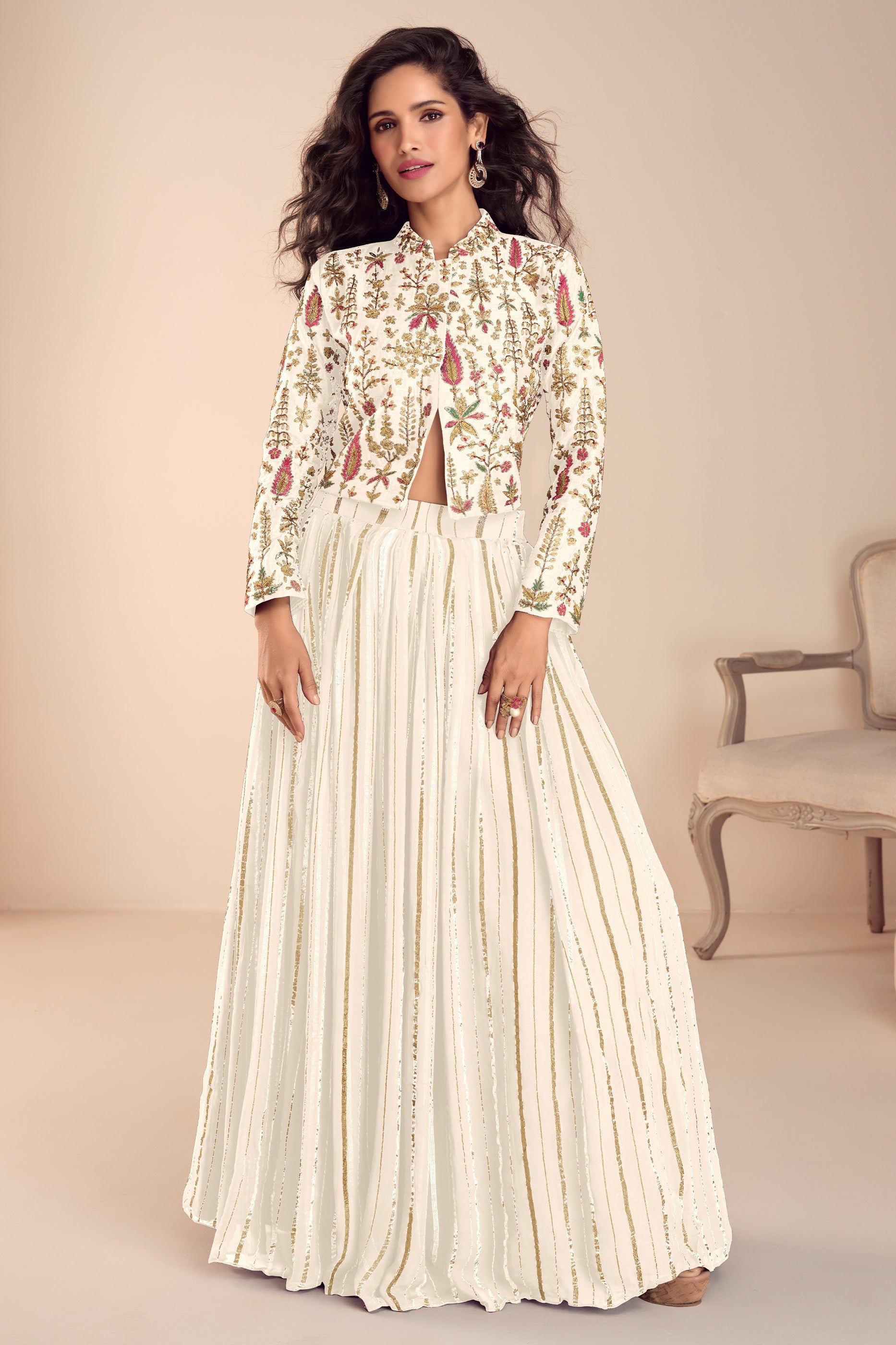Off White Readymade Embroidered Skirt Set-SAR11687_1_SareeButa.com