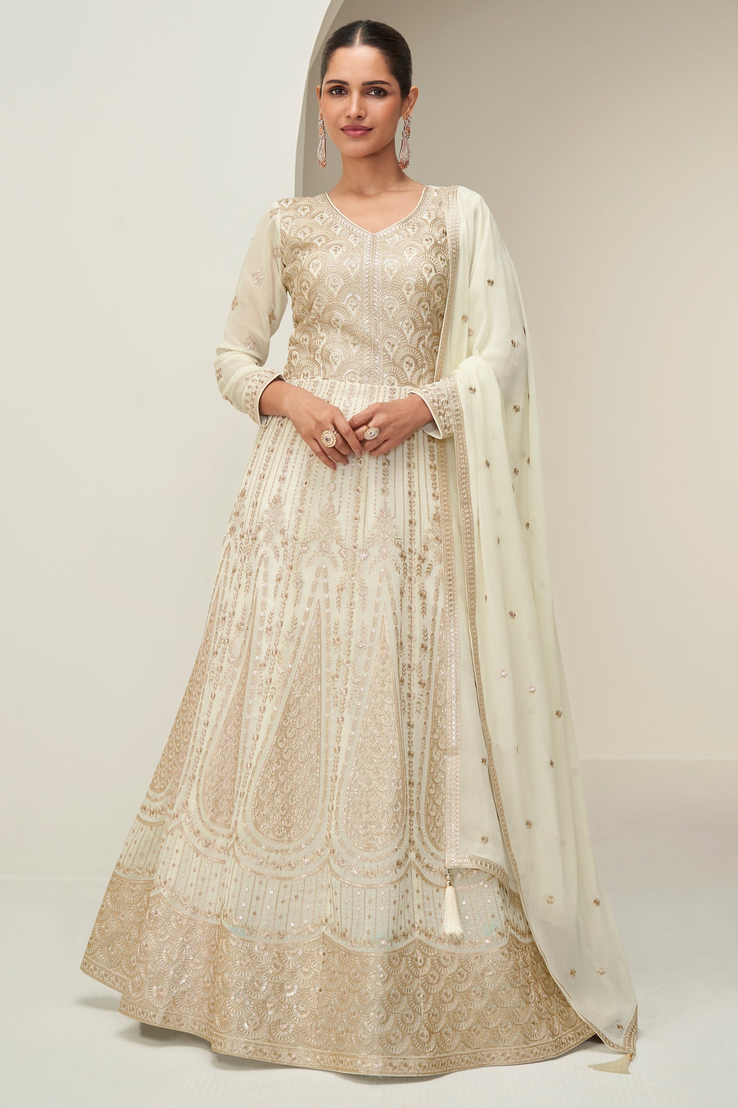 Off White Readymade Georgette Gown with Dupatta-SS814_1_SareeButa.com
