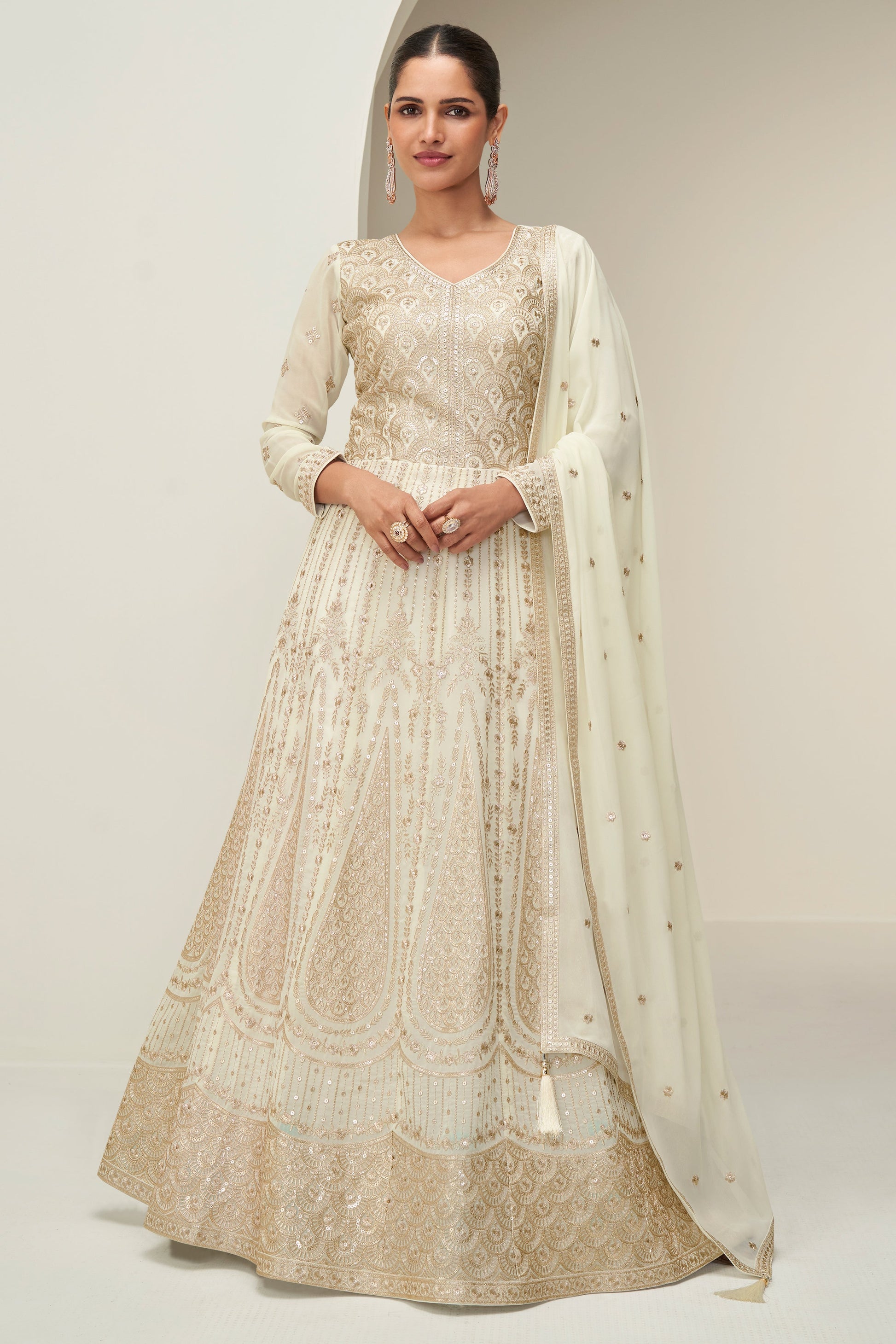Off White Readymade Georgette Gown with Dupatta-SS814_1_SareeButa.com