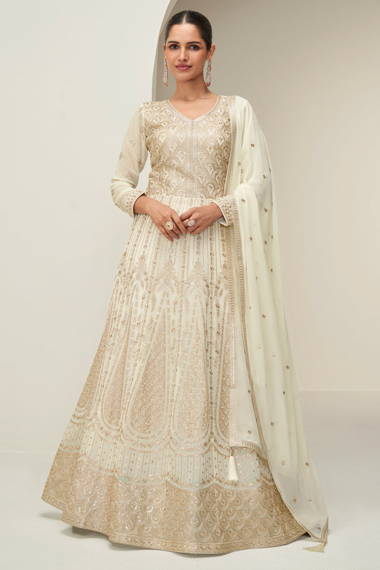 Off White Readymade Georgette Gown with Dupatta-SS814_1_SareeButa.com