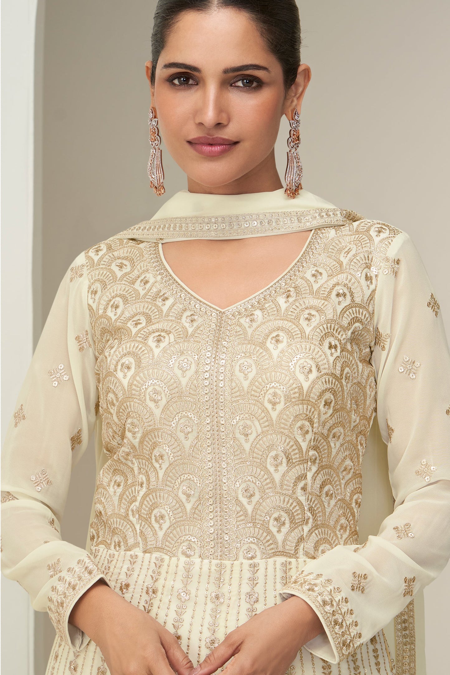 Off White Readymade Georgette Gown with Dupatta-SS814_2_SareeButa.com