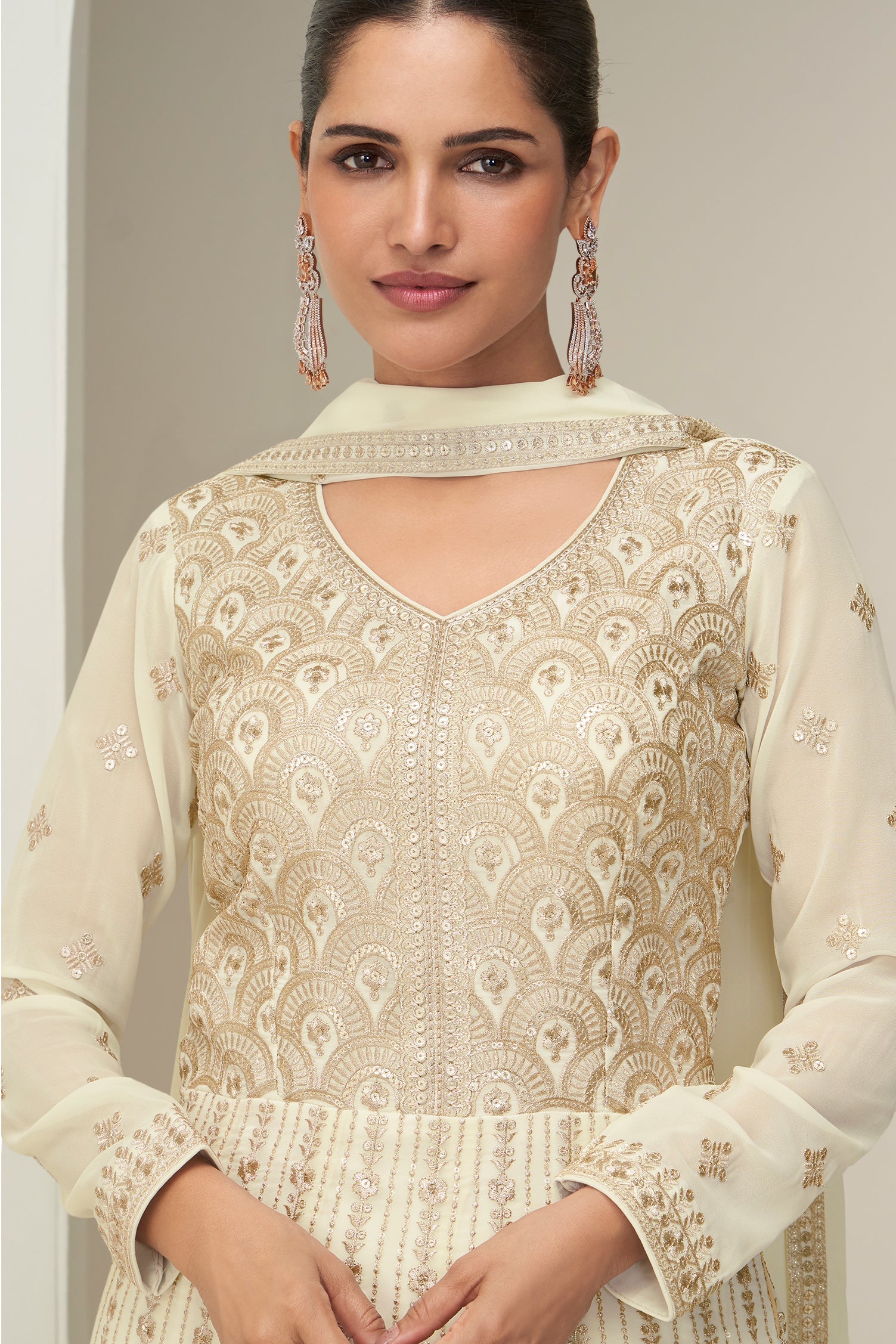 Off White Readymade Georgette Gown with Dupatta-SS814_2_SareeButa.com