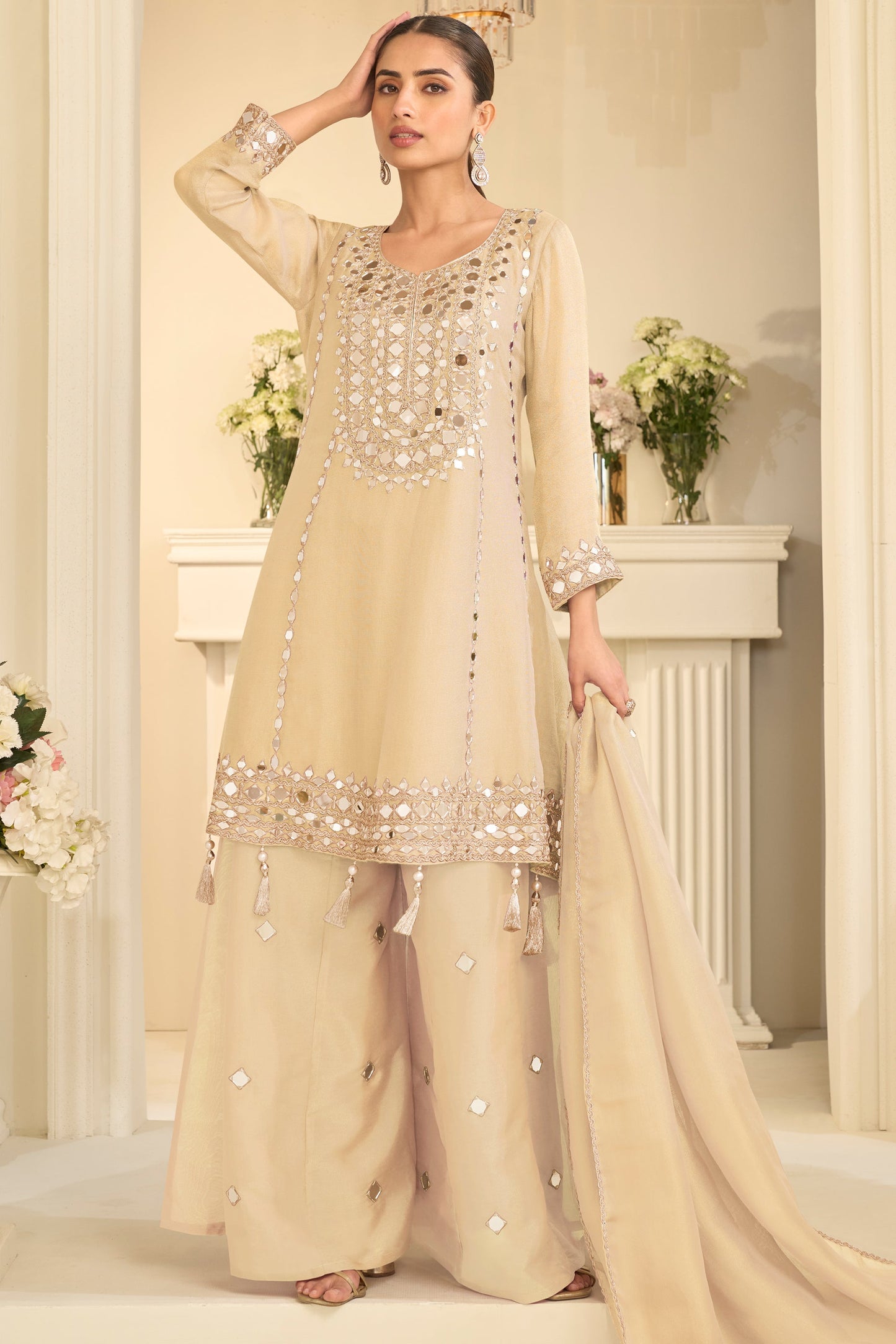 Off White Readymade Mirror Work Silk A-line Suit-SAR12159_1_SareeButa.com