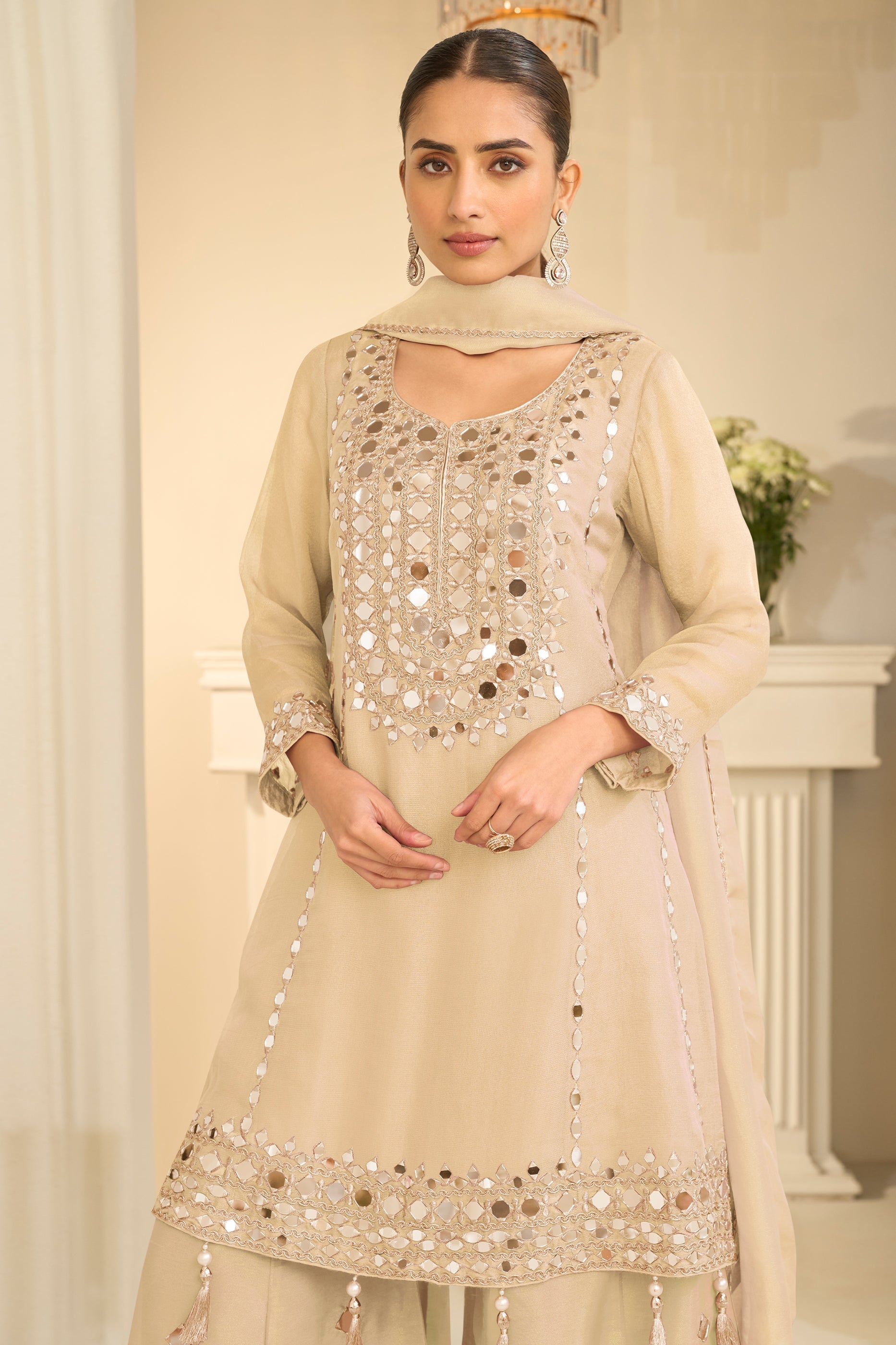 Off White Readymade Mirror Work Silk A-line Suit-SAR12159_2_SareeButa.com