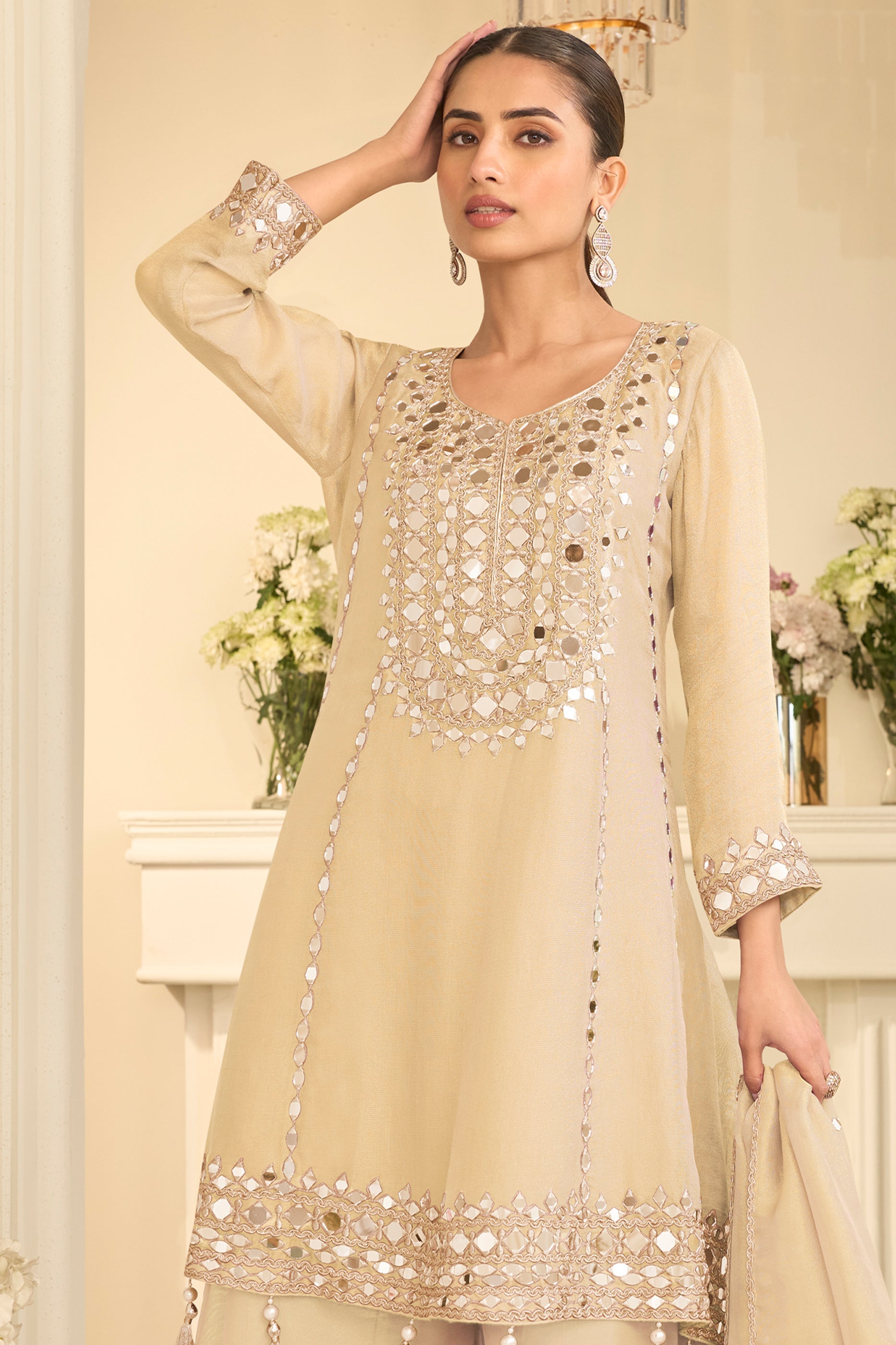 Off White Readymade Mirror Work Silk A-line Suit-SAR12159_3_SareeButa.com