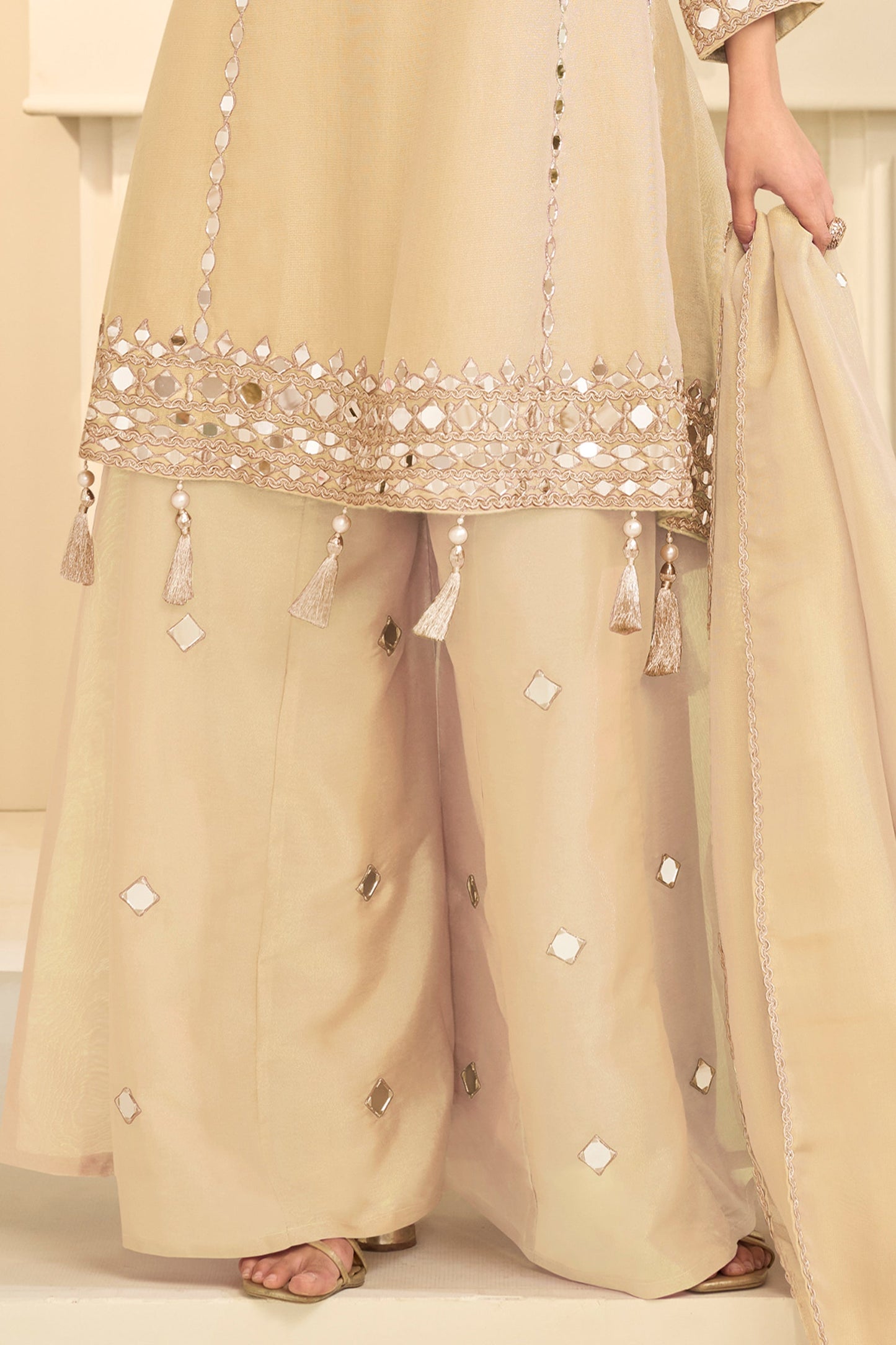 Off White Readymade Mirror Work Silk A-line Suit-SAR12159_4_SareeButa.com