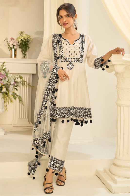 Off White Readymade Mirror Work Silk A-line Suit-SAR12166_1_SareeButa.com