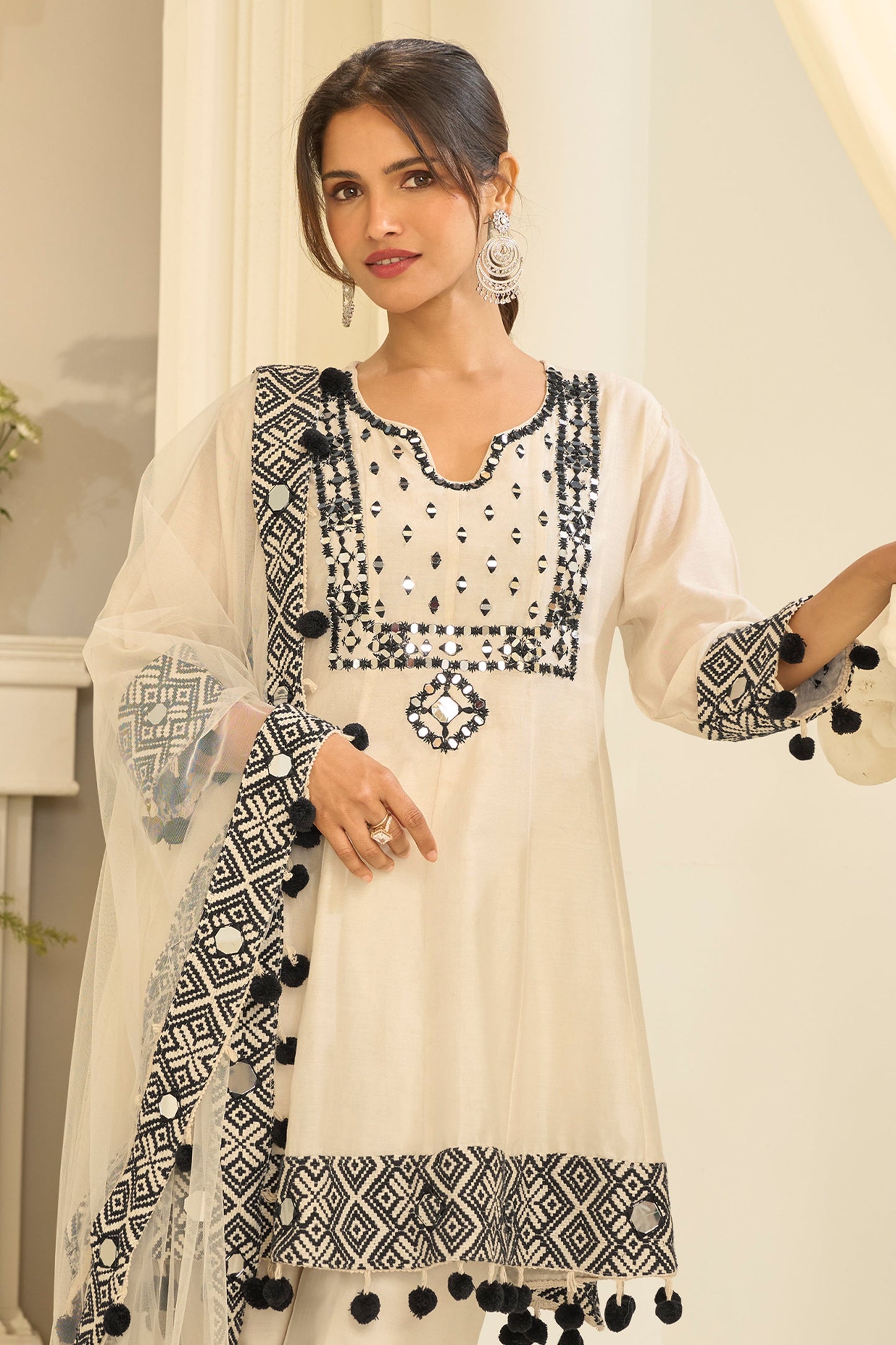 Off White Readymade Mirror Work Silk A-line Suit-SAR12166_3_SareeButa.com