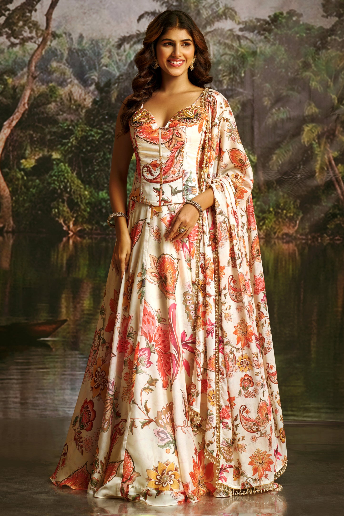 Off White Readymade Printed Georgette Lehenga