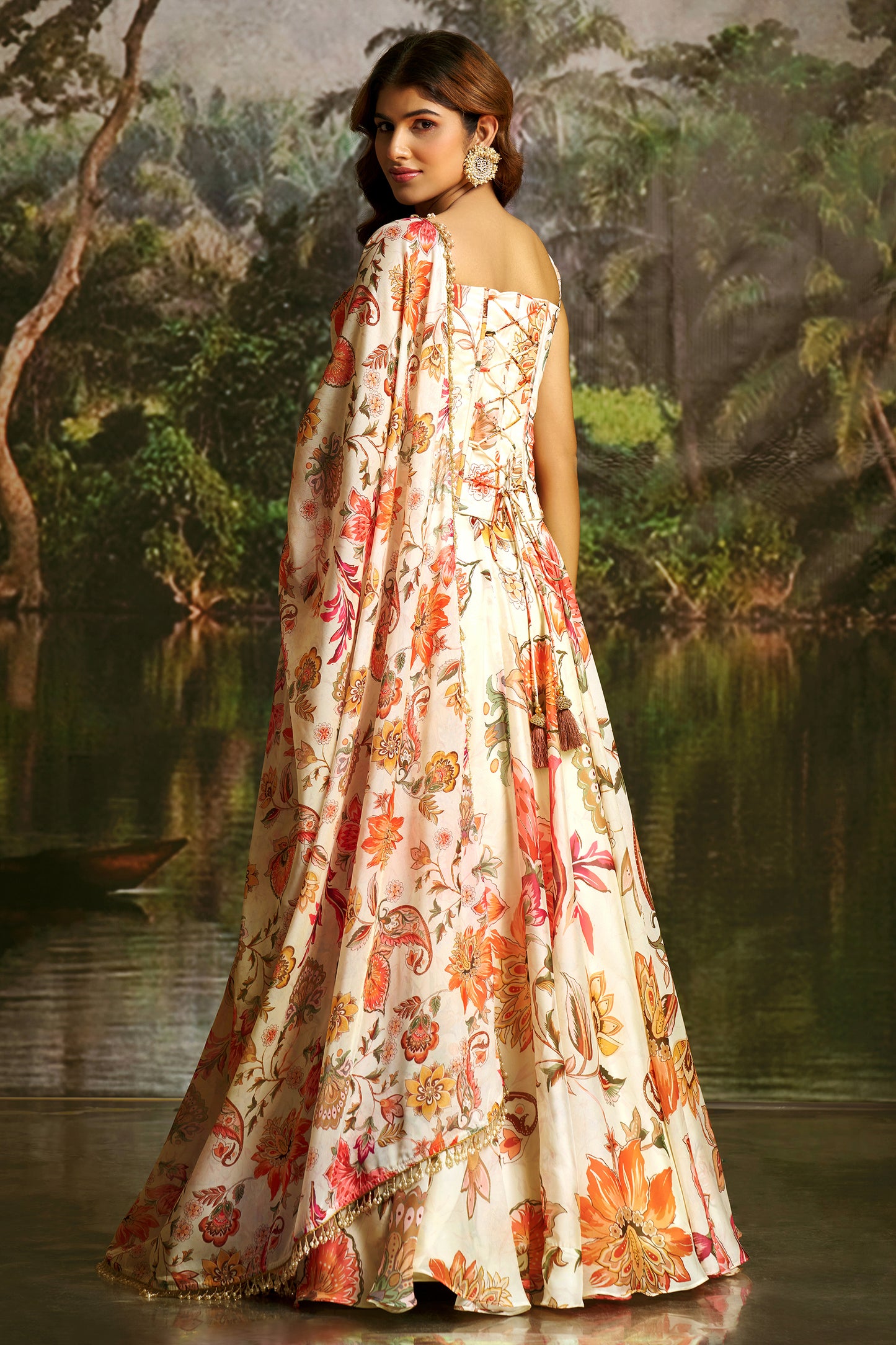 Off White Readymade Printed Georgette Lehenga