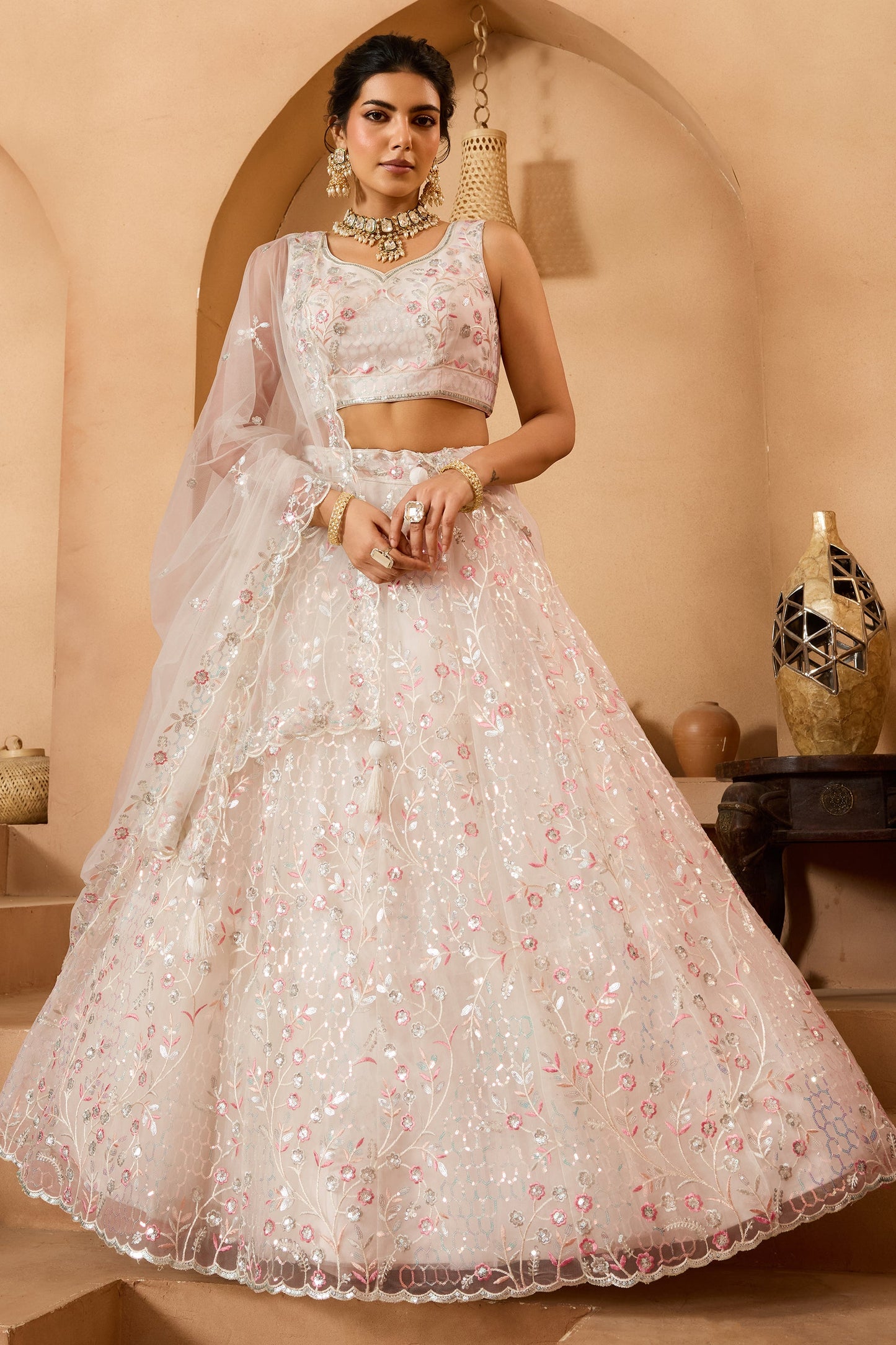 Off White Semi-Stitched Embroidered Net Lehenga-SAR10708_1_SareeButa.com