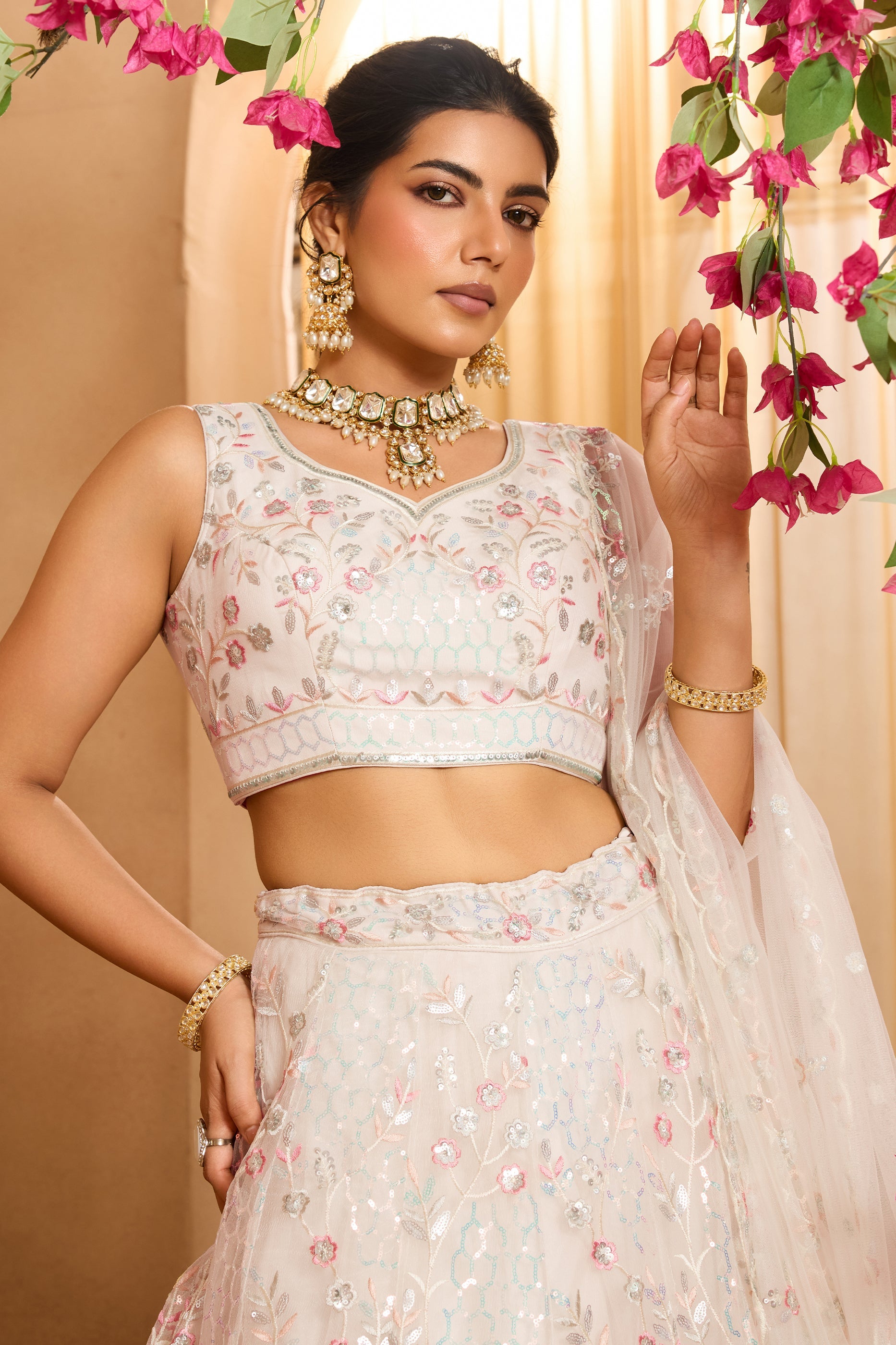 Off White Semi-Stitched Embroidered Net Lehenga-SAR10708_2_SareeButa.com