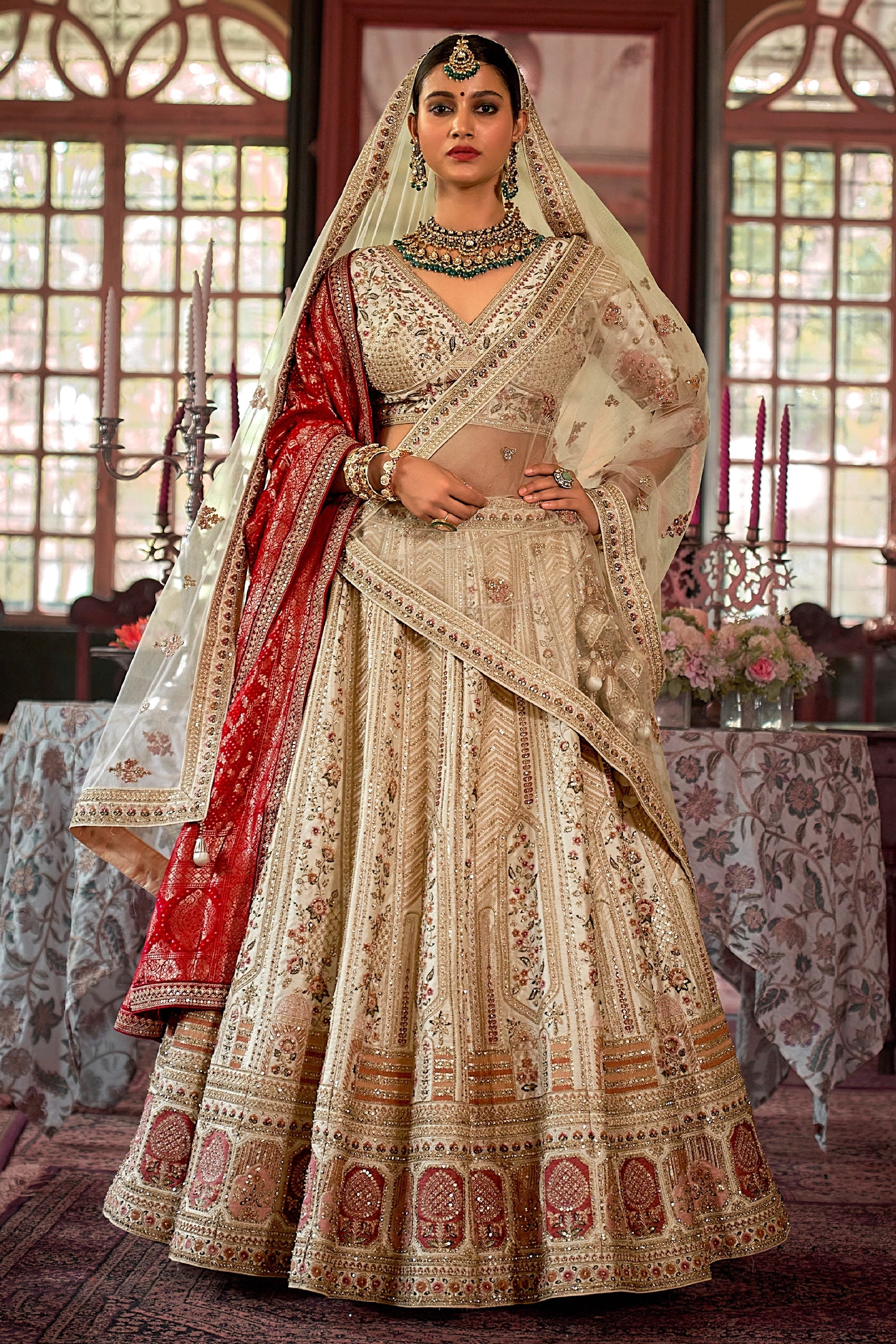 Off White Semi-Stitched Embroidered Silk Lehenga-SAR10305_1_SareeButa.com