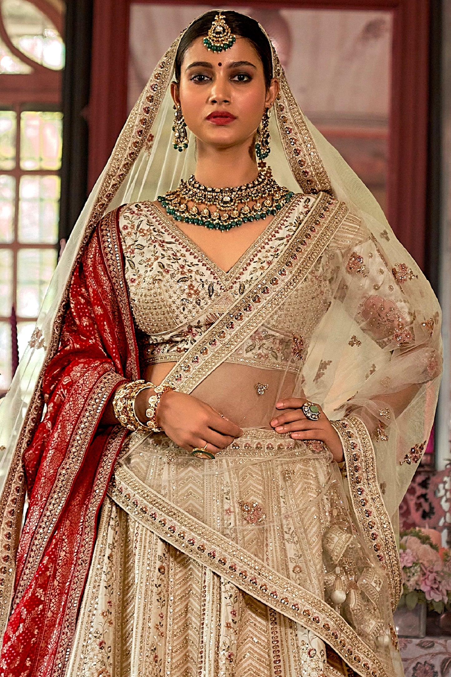 Off White Semi-Stitched Embroidered Silk Lehenga-SAR10305_3_SareeButa.com