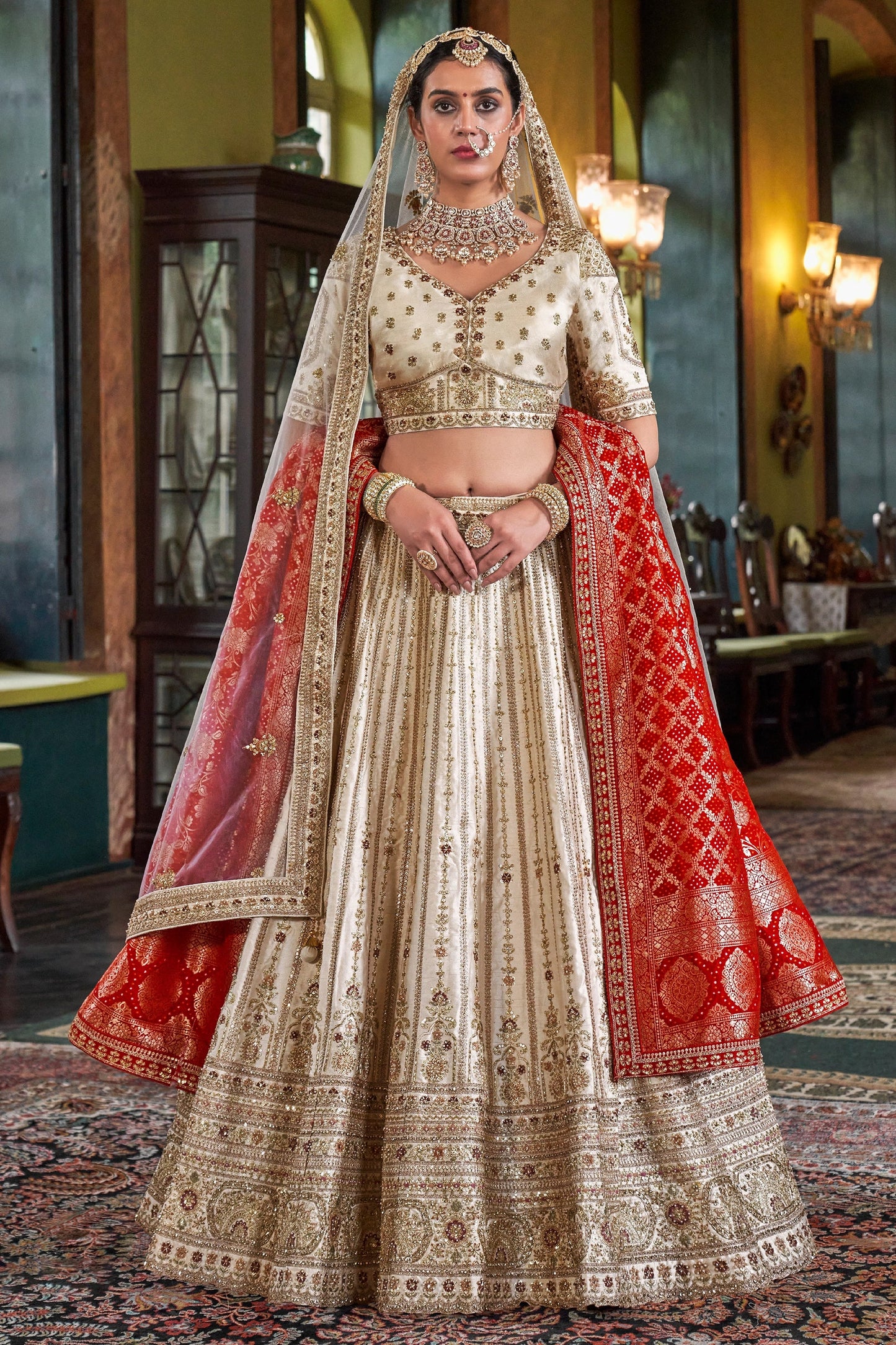 Off White Semi-Stitched Embroidered Silk Lehenga-SAR10314_1_SareeButa.com