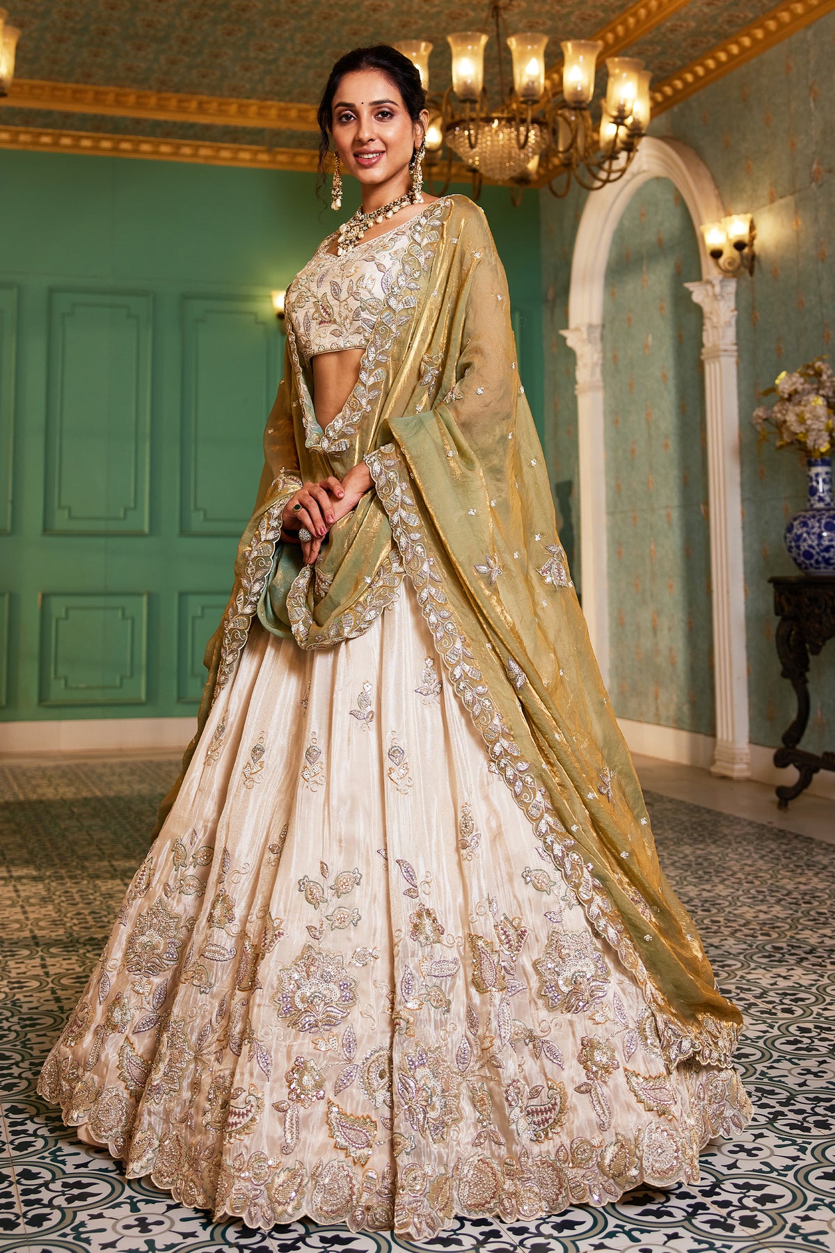 Off White Semi Stitched Embroidered Tissue Lehenga-SAR12846_1_SareeButa.com