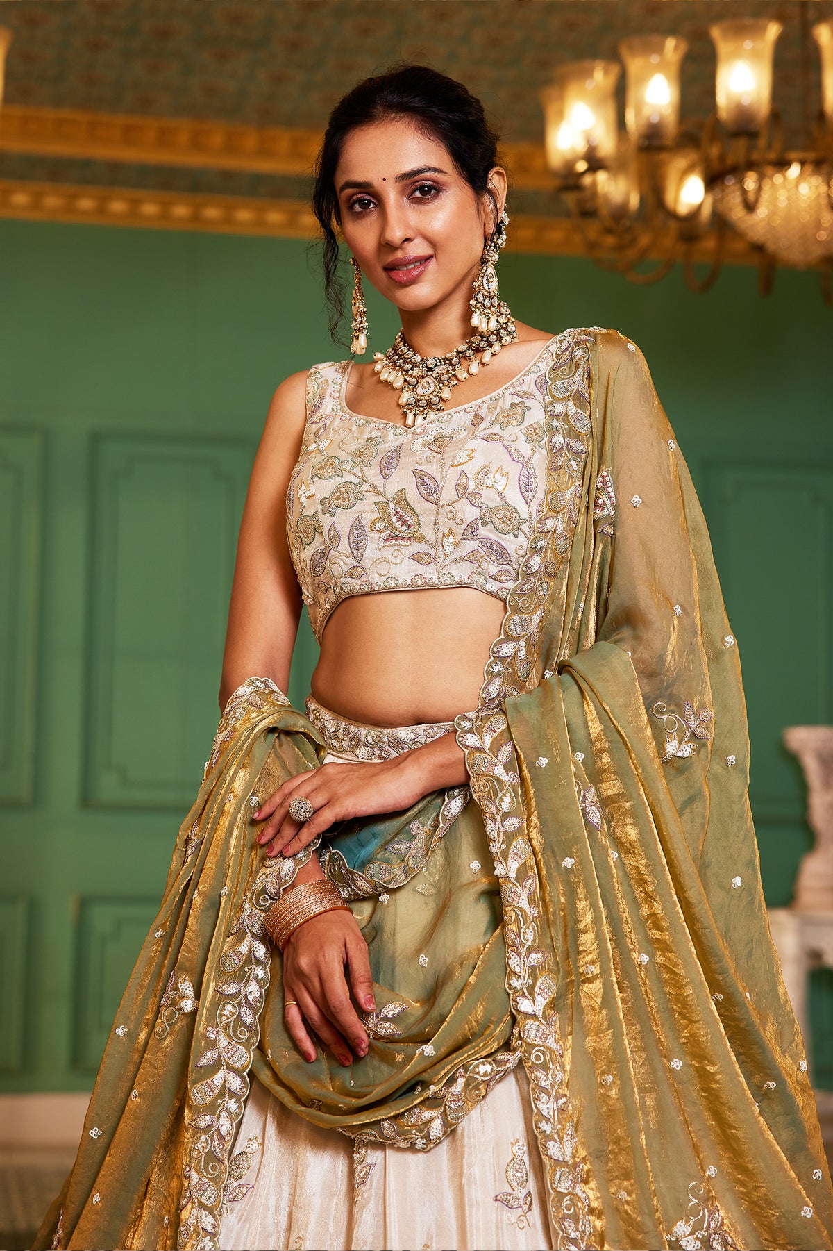 Off White Semi Stitched Embroidered Tissue Lehenga-SAR12846_2_SareeButa.com