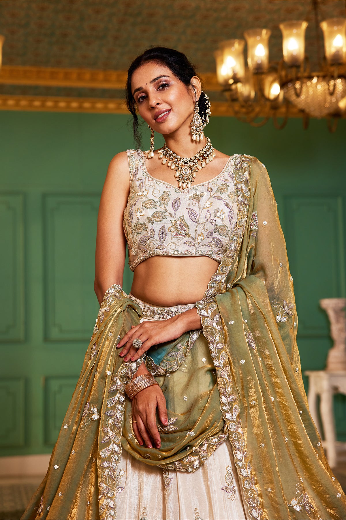 Off White Semi Stitched Embroidered Tissue Lehenga-SAR12846_3_SareeButa.com