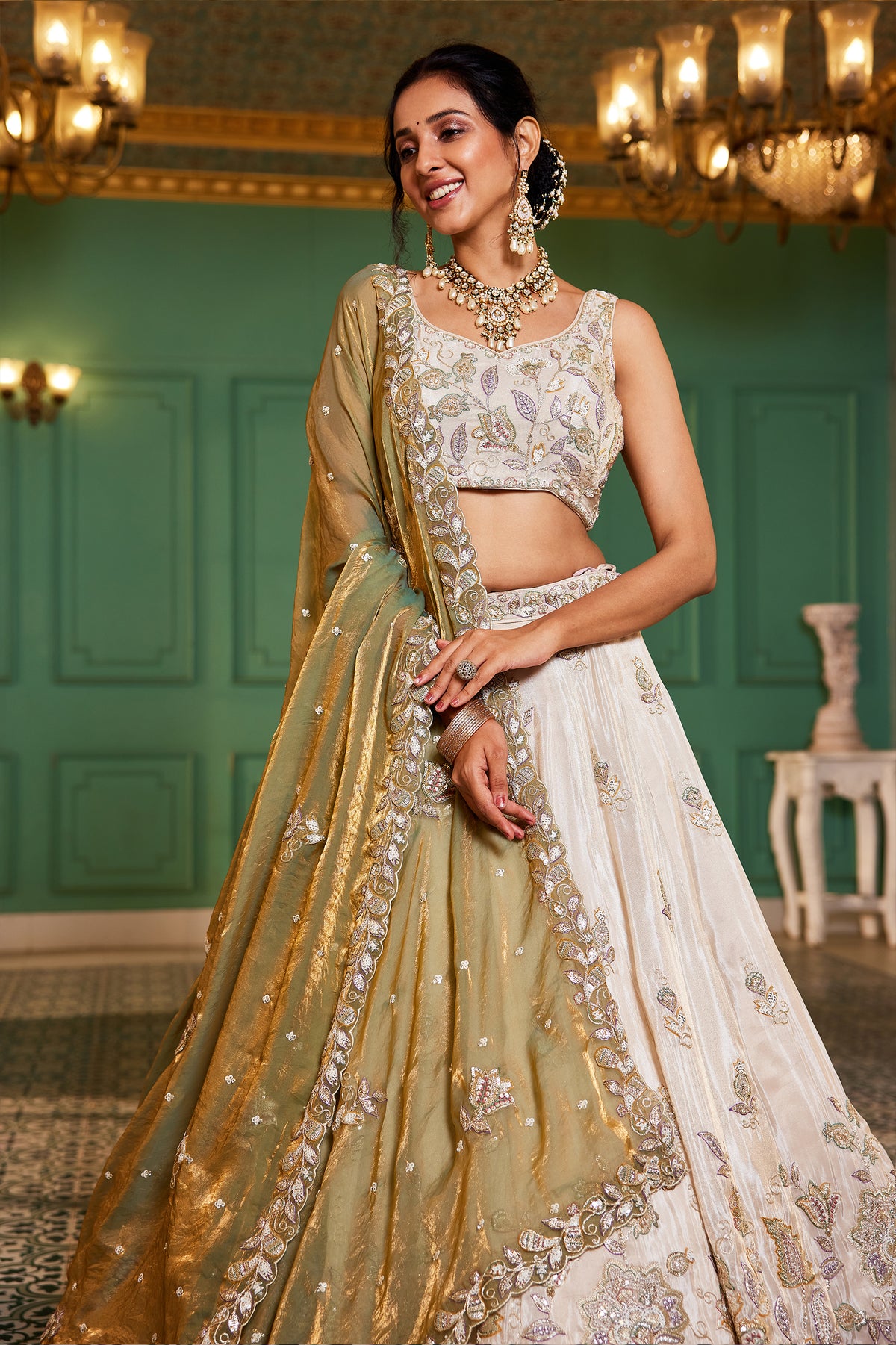 Off White Semi Stitched Embroidered Tissue Lehenga-SAR12846_4_SareeButa.com