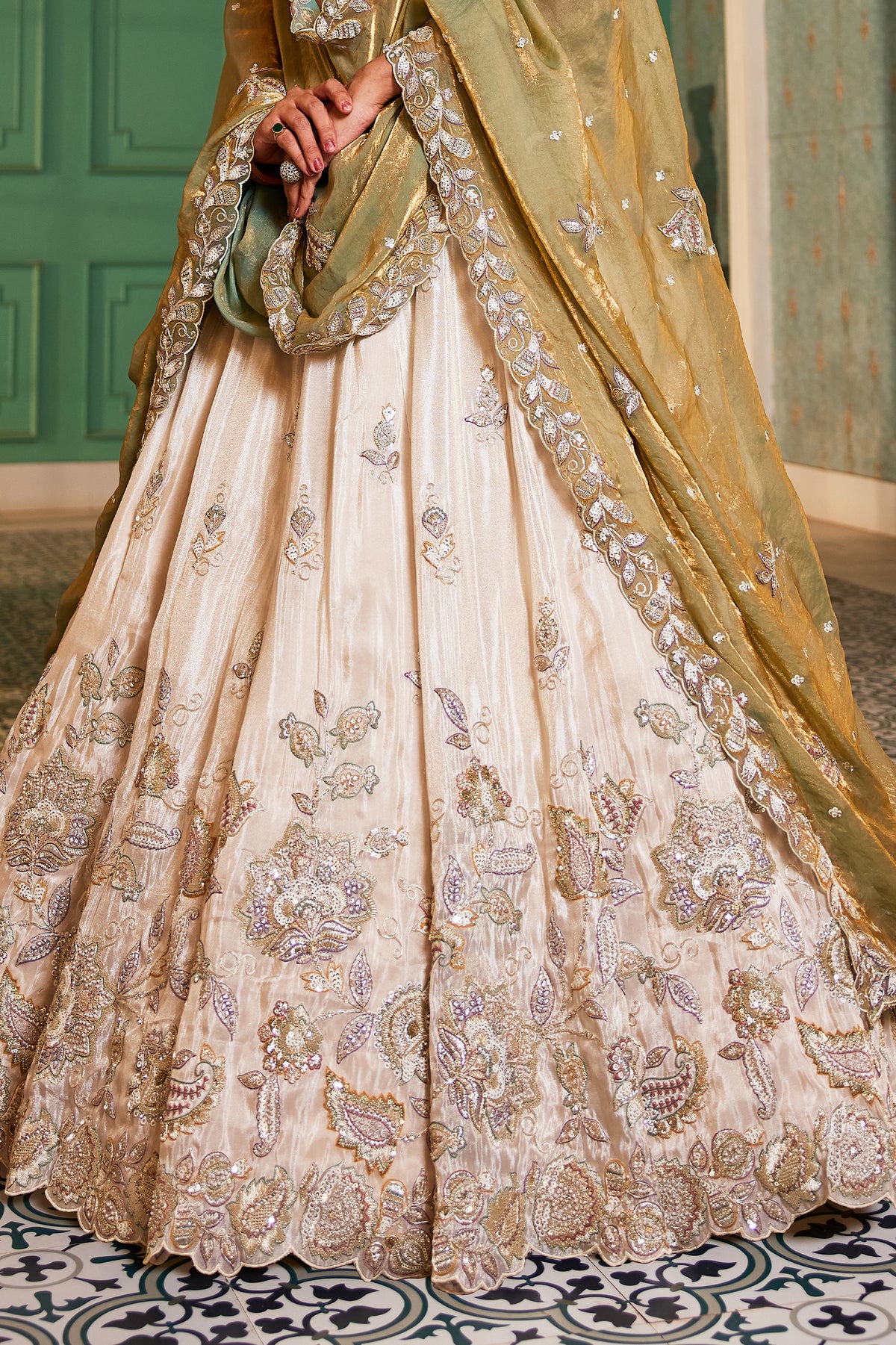 Off White Semi Stitched Embroidered Tissue Lehenga-SAR12846_7_SareeButa.com
