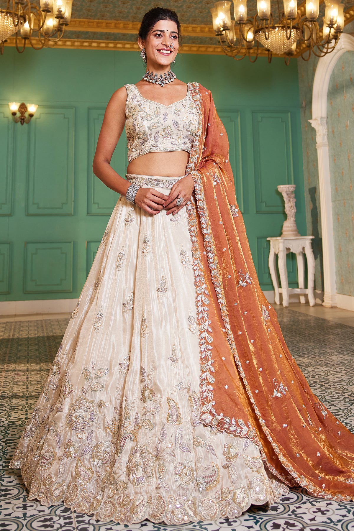 Off White Semi Stitched Embroidered Tissue Lehenga-SAR12847_1_SareeButa.com