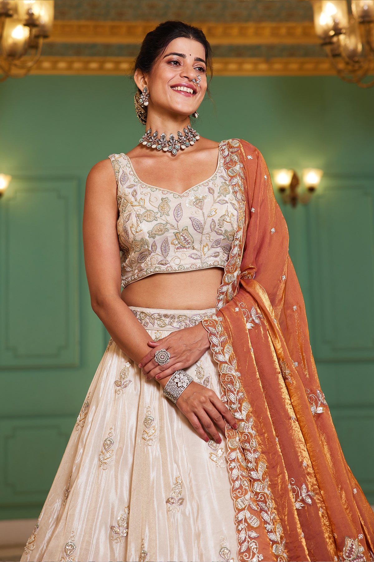 Off White Semi Stitched Embroidered Tissue Lehenga-SAR12847_2_SareeButa.com
