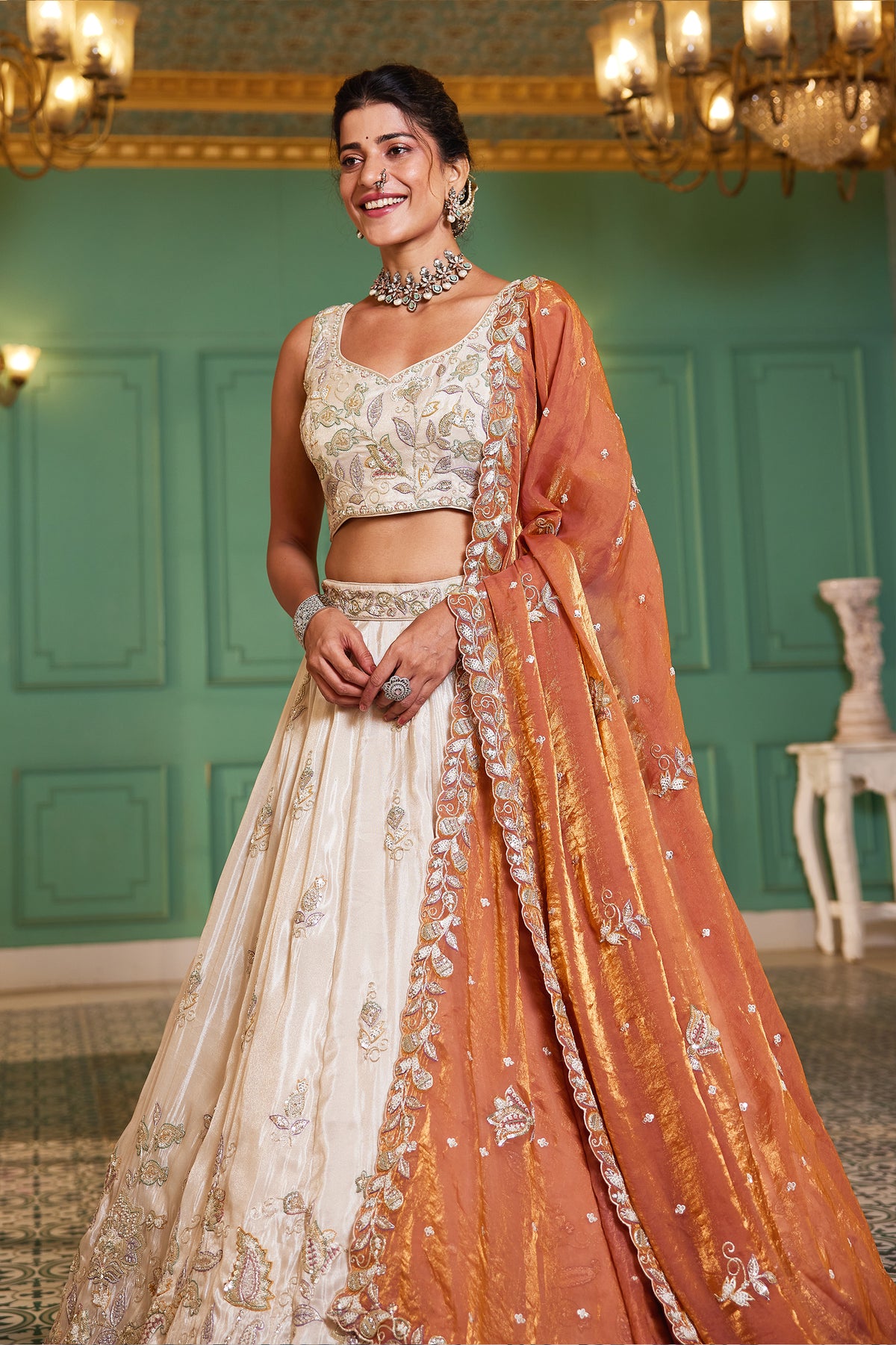 Off White Semi Stitched Embroidered Tissue Lehenga-SAR12847_4_SareeButa.com