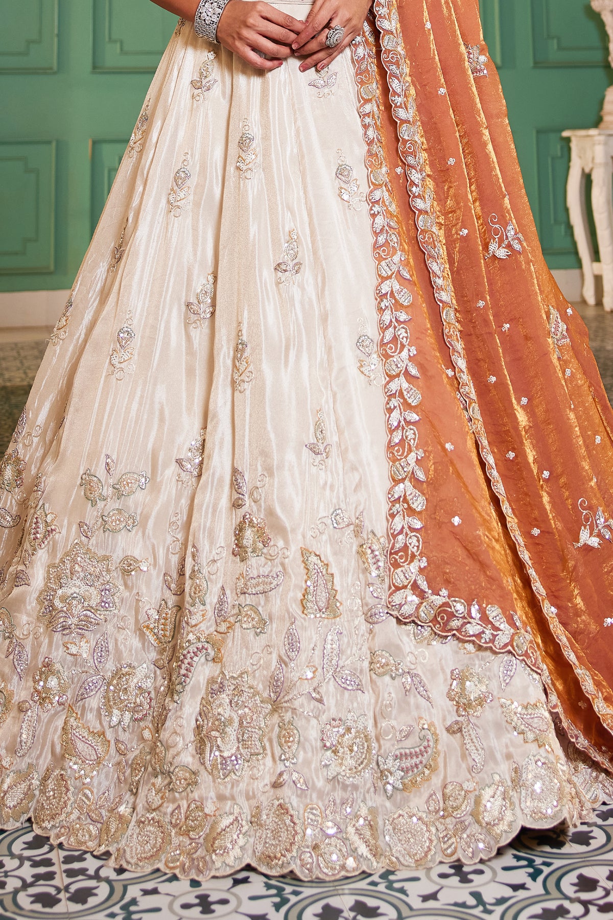 Off White Semi Stitched Embroidered Tissue Lehenga-SAR12847_5_SareeButa.com